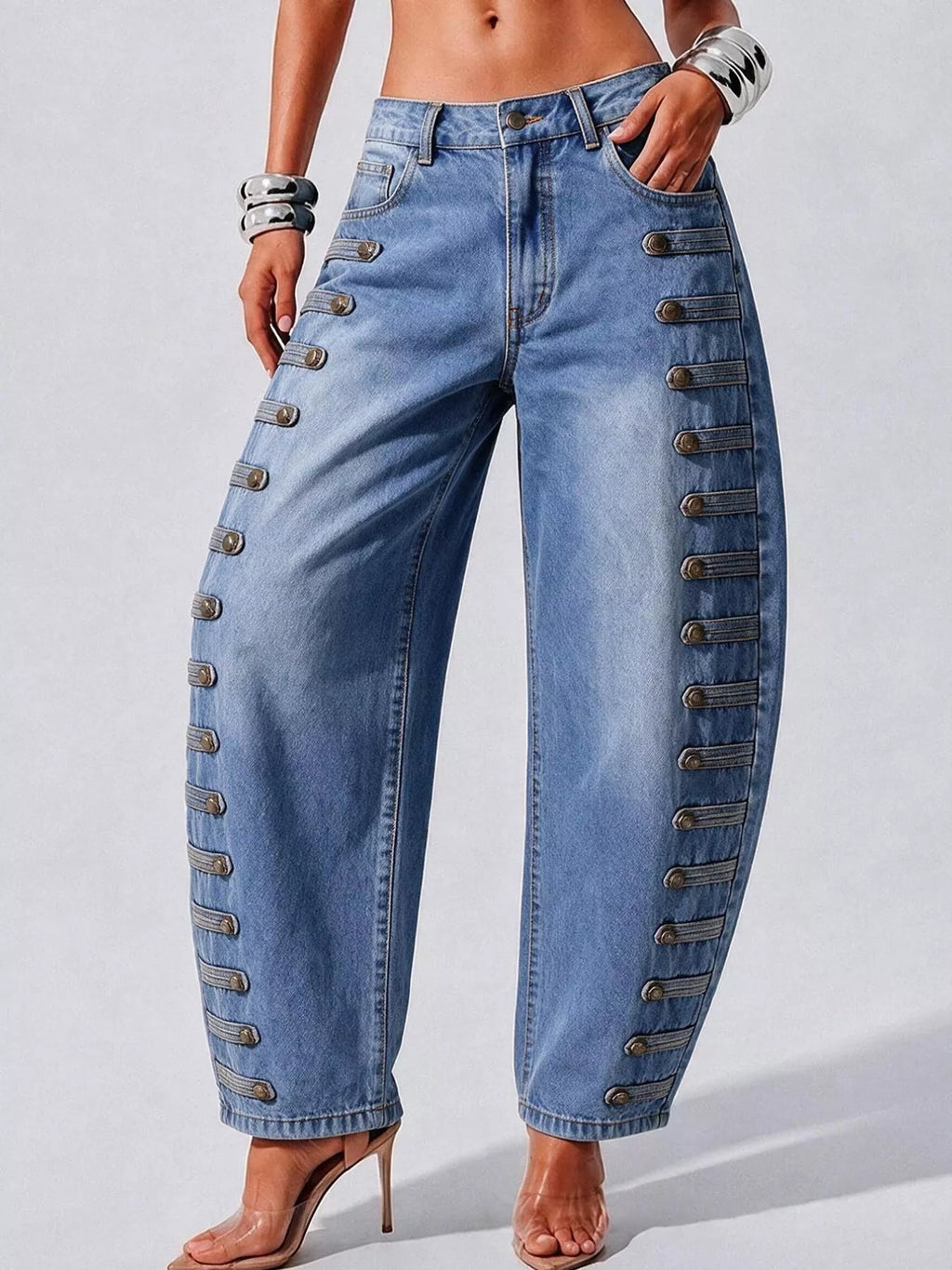 Decorative Button Wide Leg Jeans