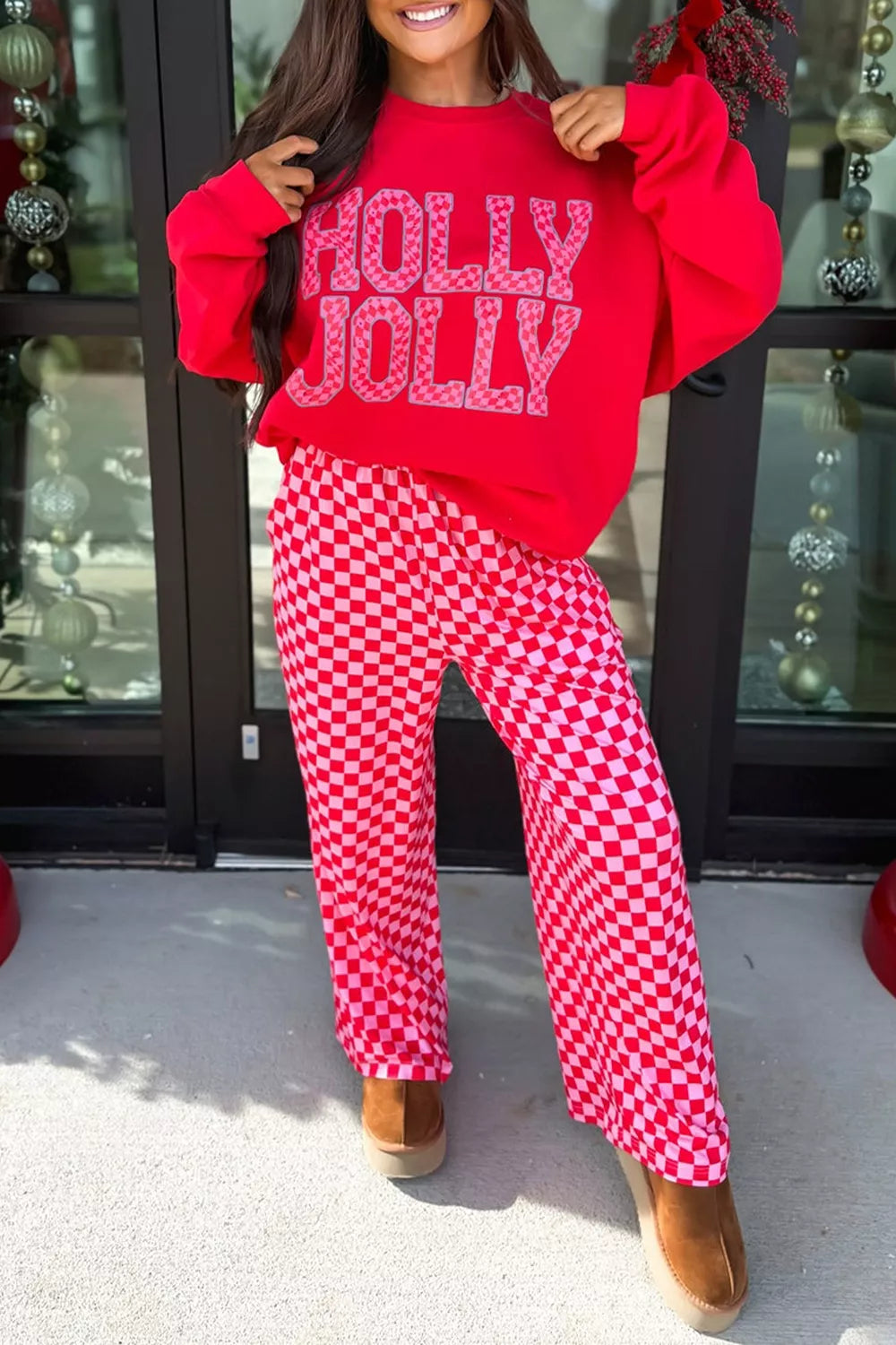 Christmas Slogan Graphic Plaid Contrast Top and Pants Set