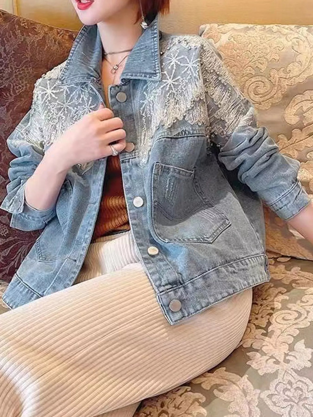 Embellished Rhinestone Snowflake Denim Jacket