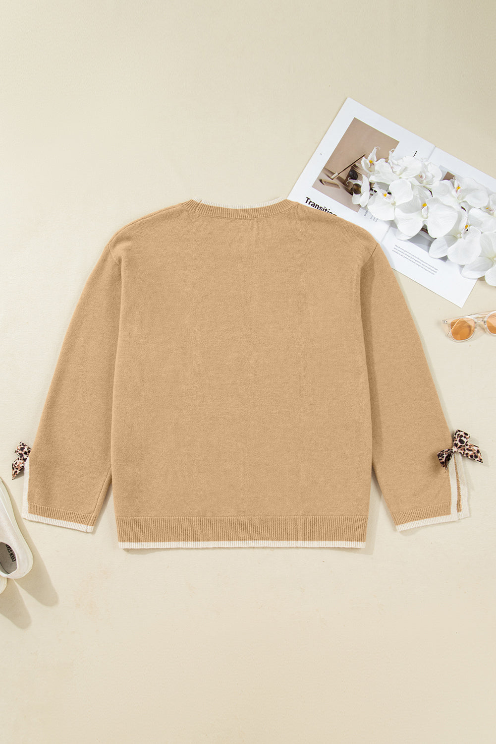 Plus Size Leopard Bow Split Cuff Sweater