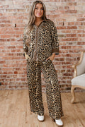 Brown Leopard Collared 3/4 Sleeve Shirt and Loose Pants Two Piece Outfit Set