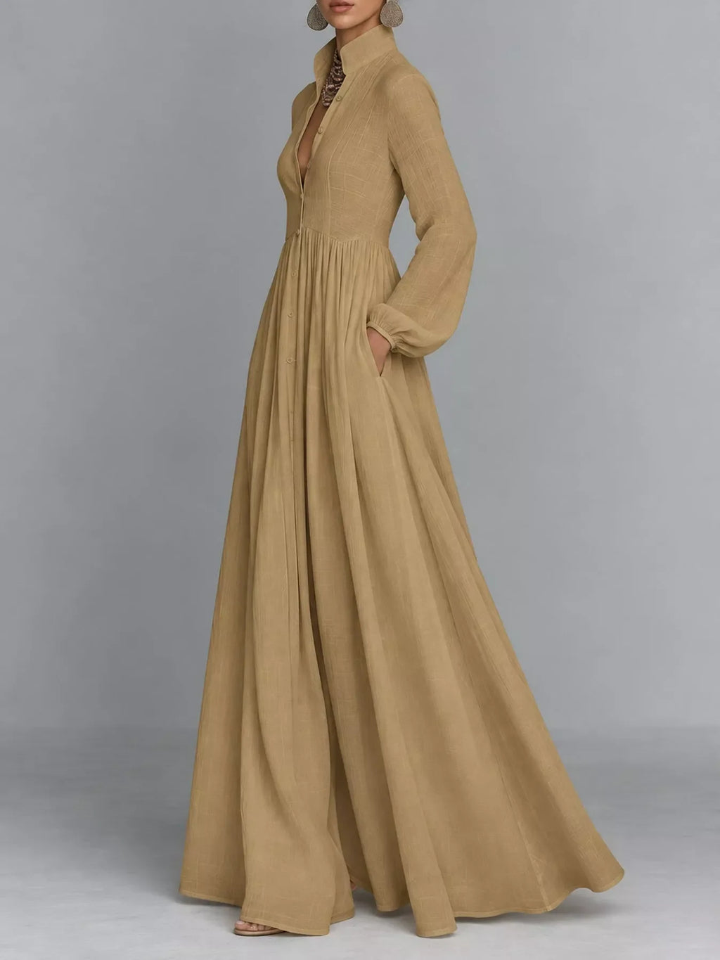 Full Size Long-Sleeve Button Front Maxi Dress Plus Size