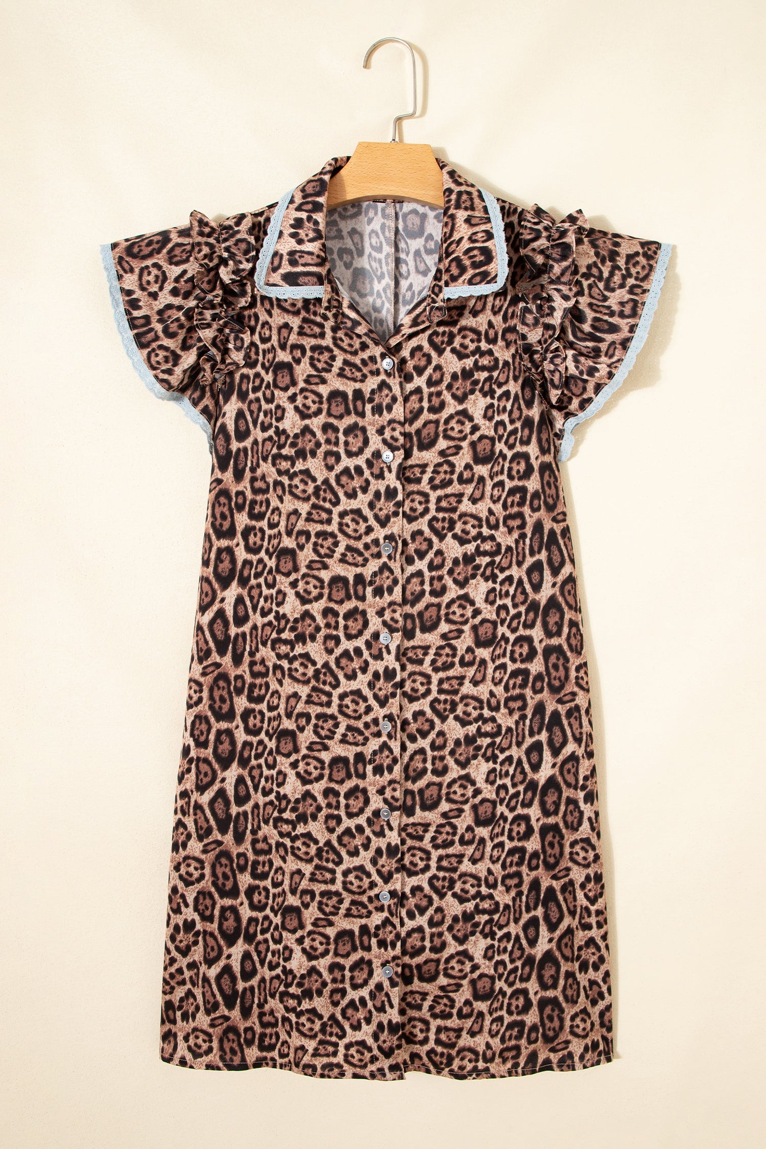 Khaki Leopard Print Lace Trim Shirt Collar Button Down Loose Mini Dress