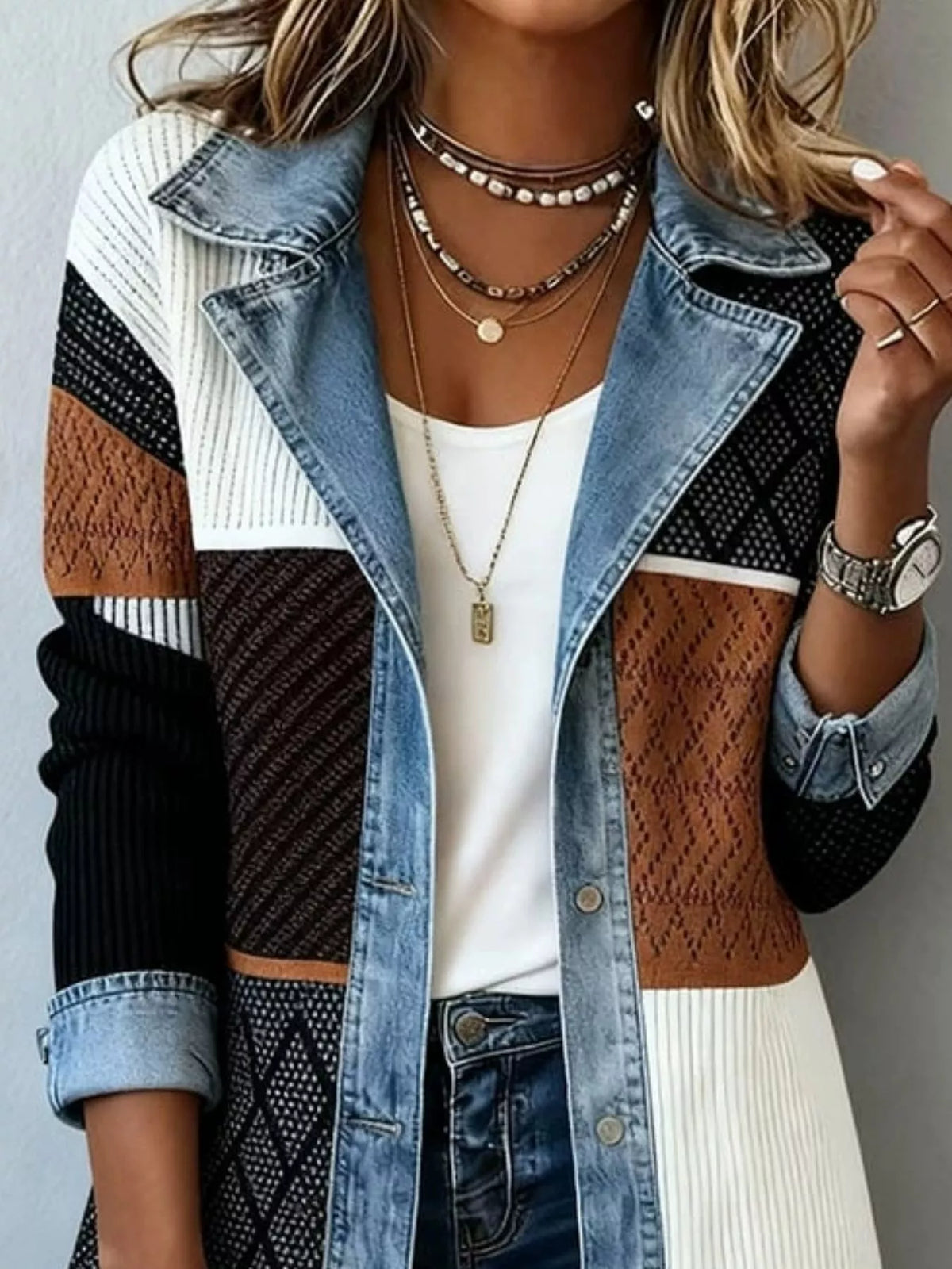 Full Size Denim Trim Ribbed Knit Jacket Plus Size