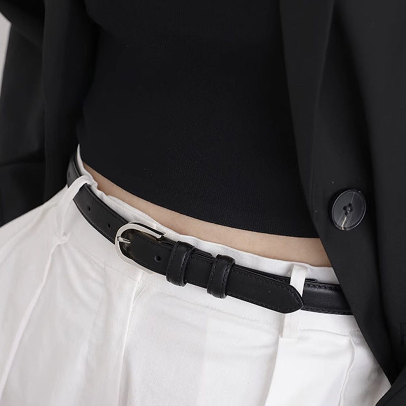 Skinny Leather Belt with Silver Buckle