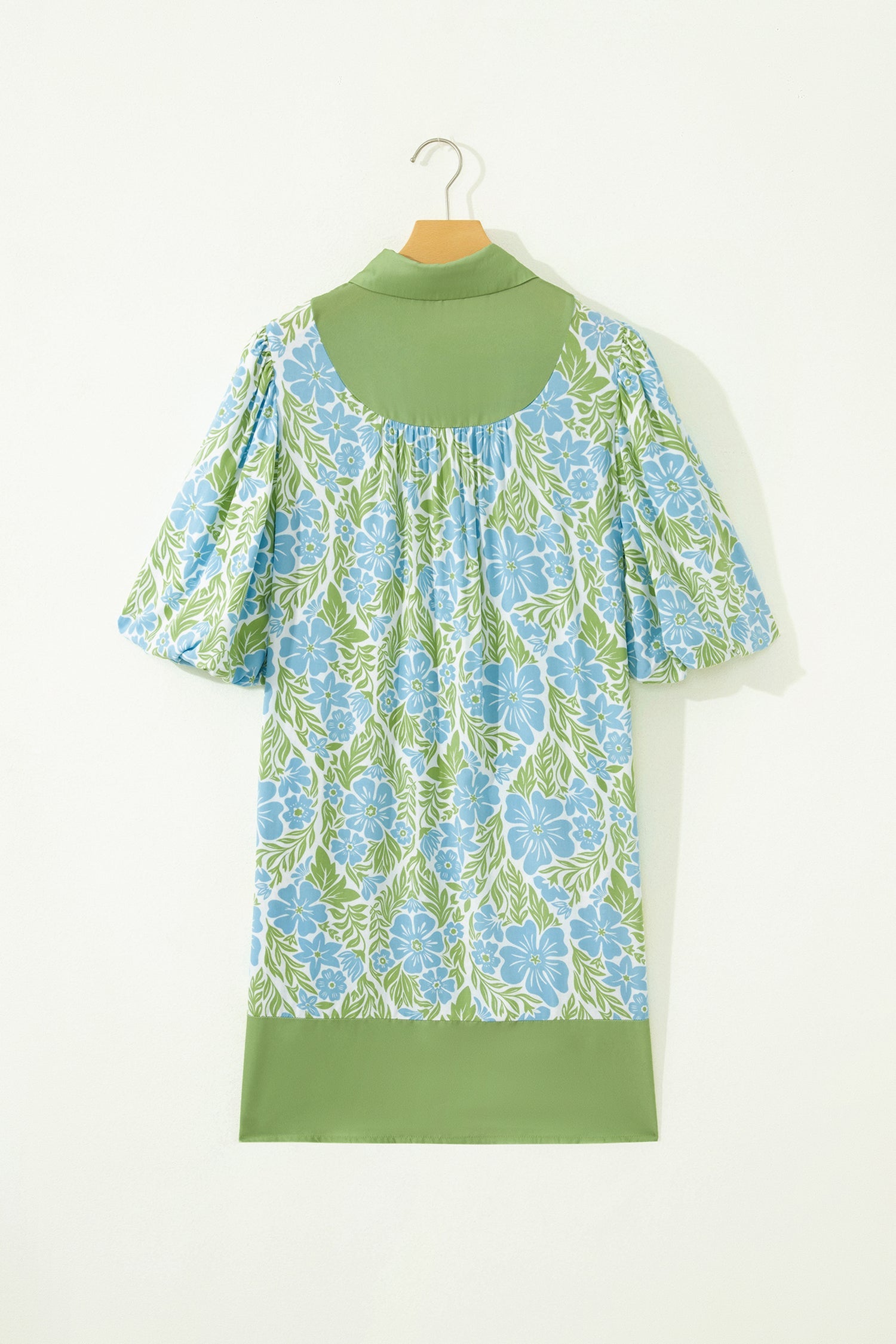 Sky Blue Floral Print Color Block Patchwork Shirt Collar Half Sleeve Mini Dress