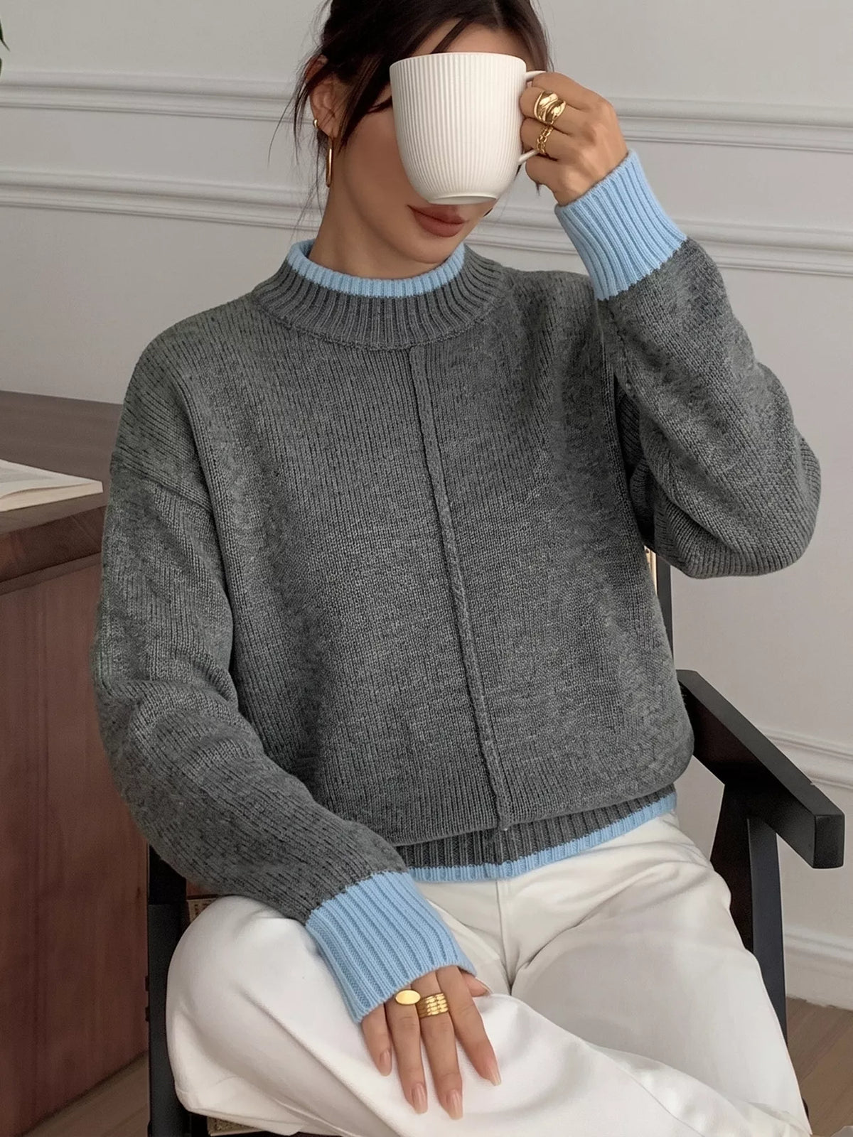Contrast Trim Crew Neck Sweater