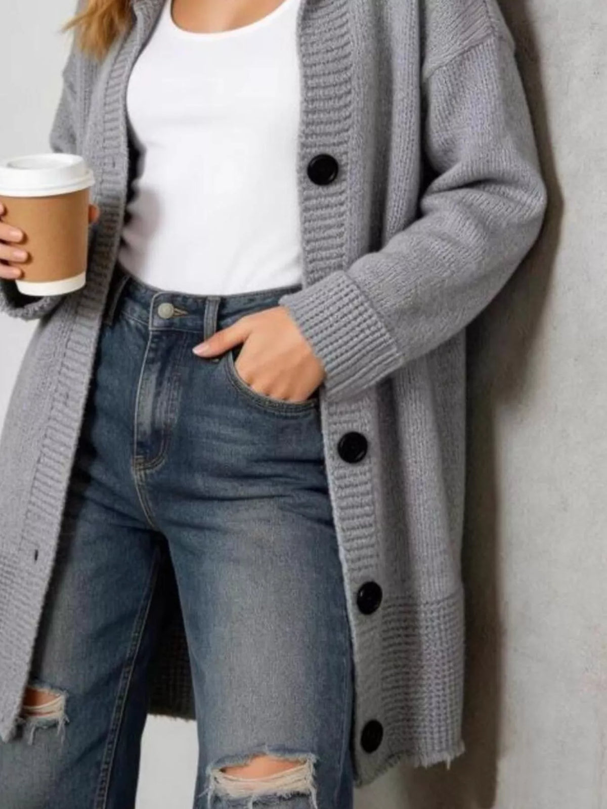 Full Size Casual Hooded Button-Down Knit Cardigan Plus Size