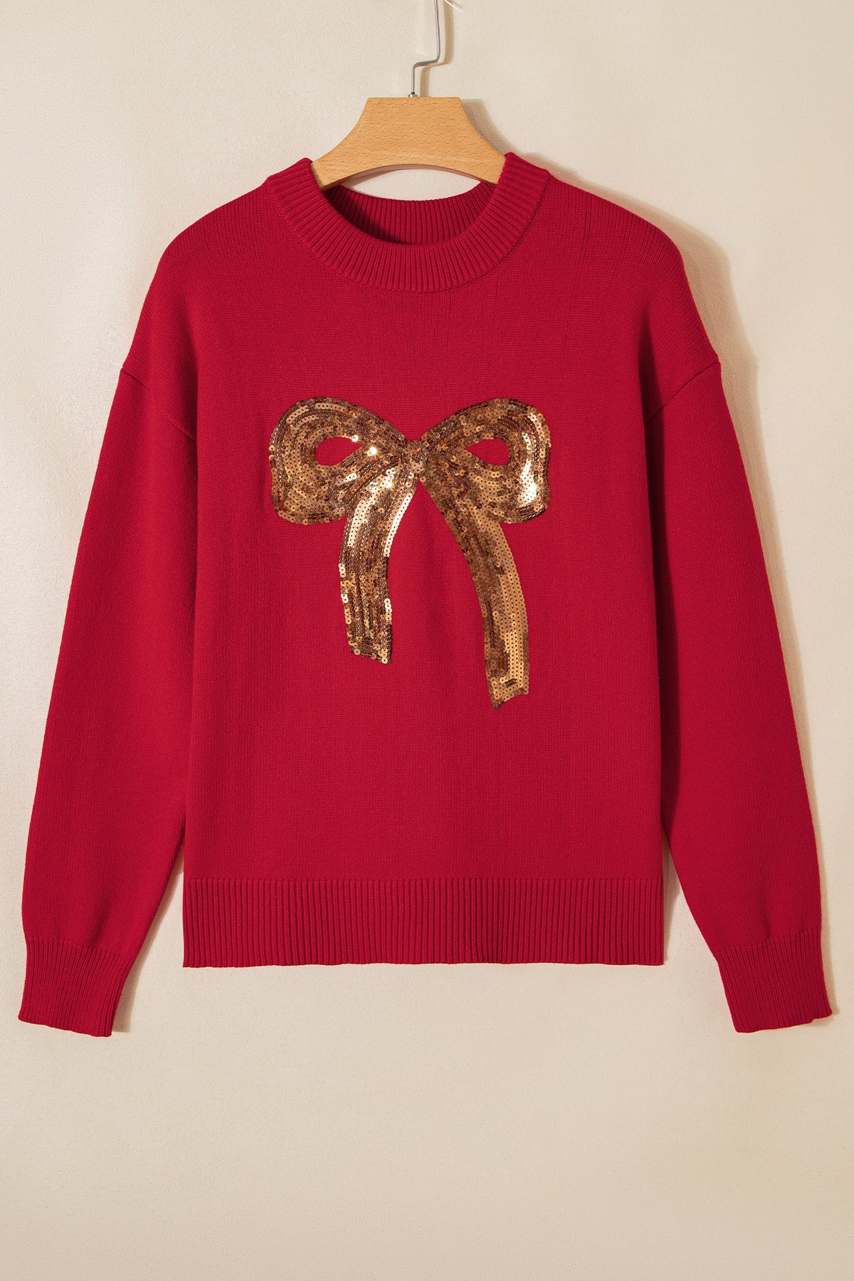 Christmas Sequin Bow Ribbed Trim Sweater