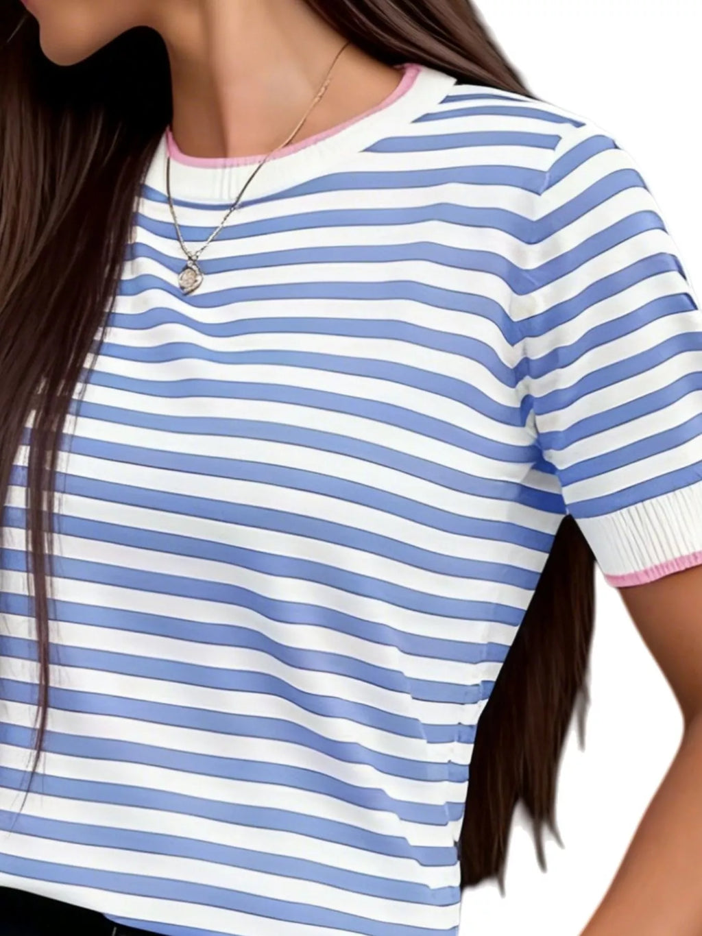 Contrast Trim Striped Short Sleeve Knit Top
