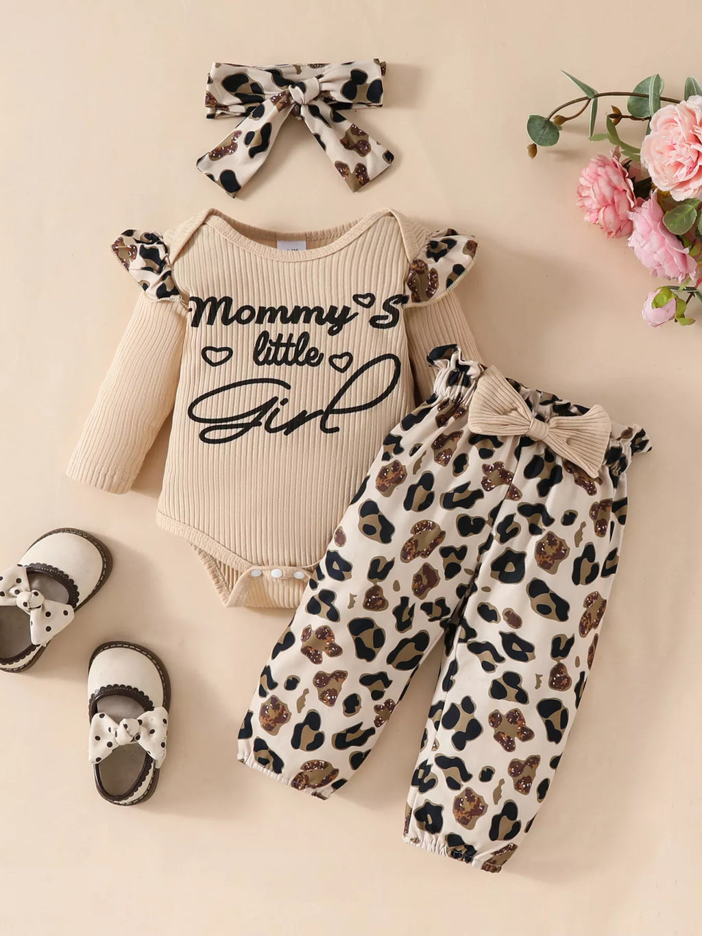 Children's Leopard Ruffled Bodysuit and Pants Set with Headband