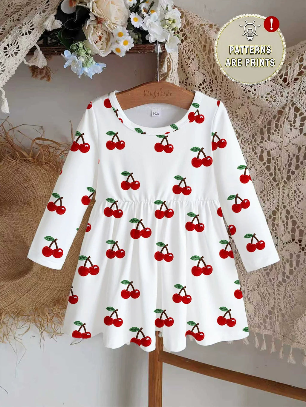 Children's Cherry Print Long Sleeve Casual Dress