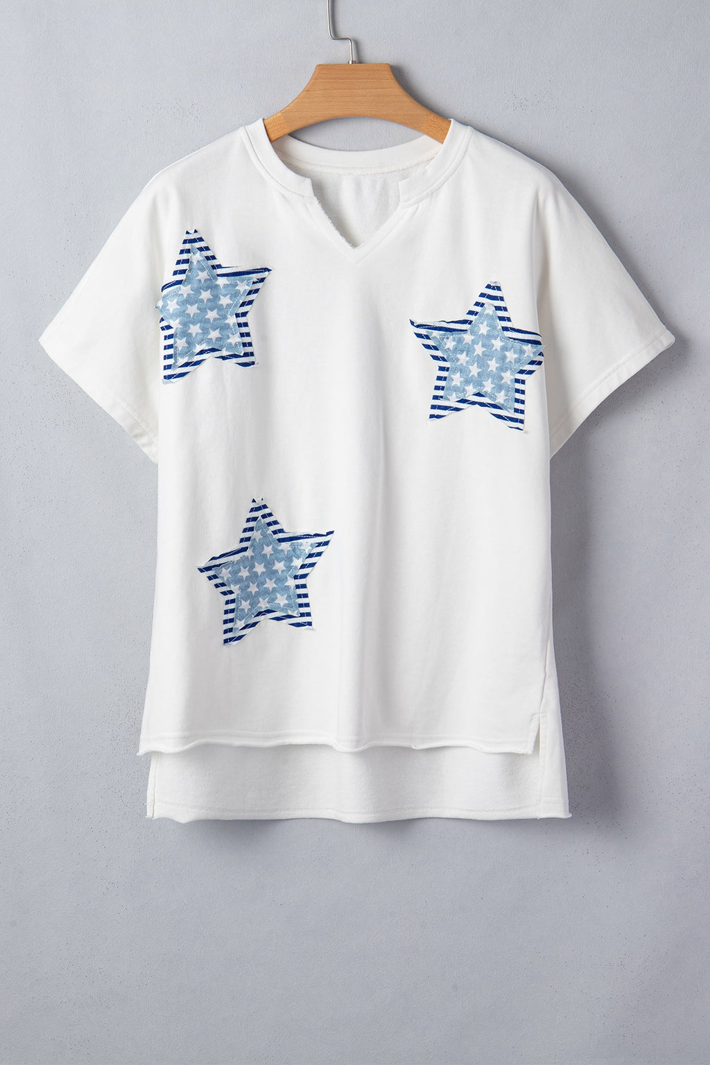 White Patriot Star Patched Notched Neck Mineral Washed Tee