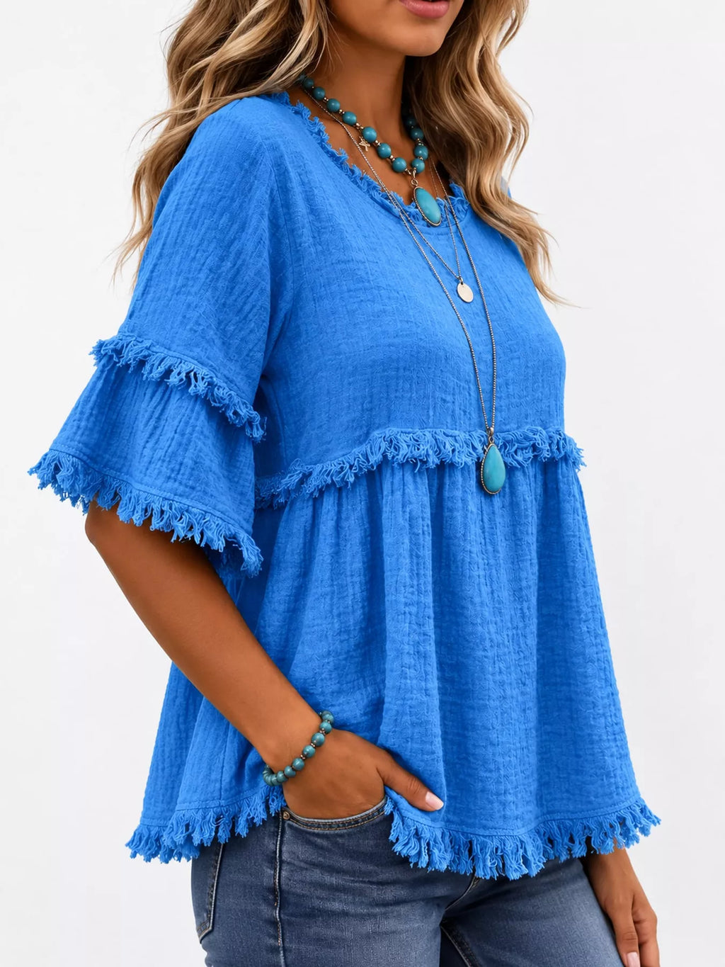 Full Size Frayed Edge Textured Blouse Plus Size