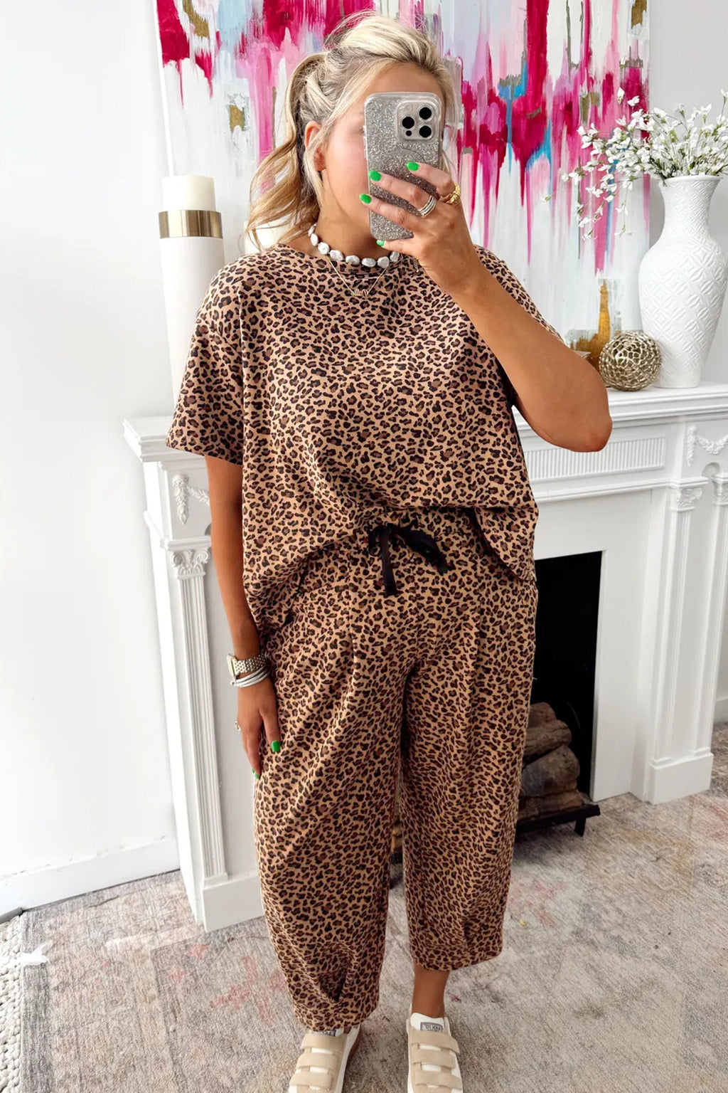Brown Leopard High-Low Loose Tee Ankle Length Pants Set