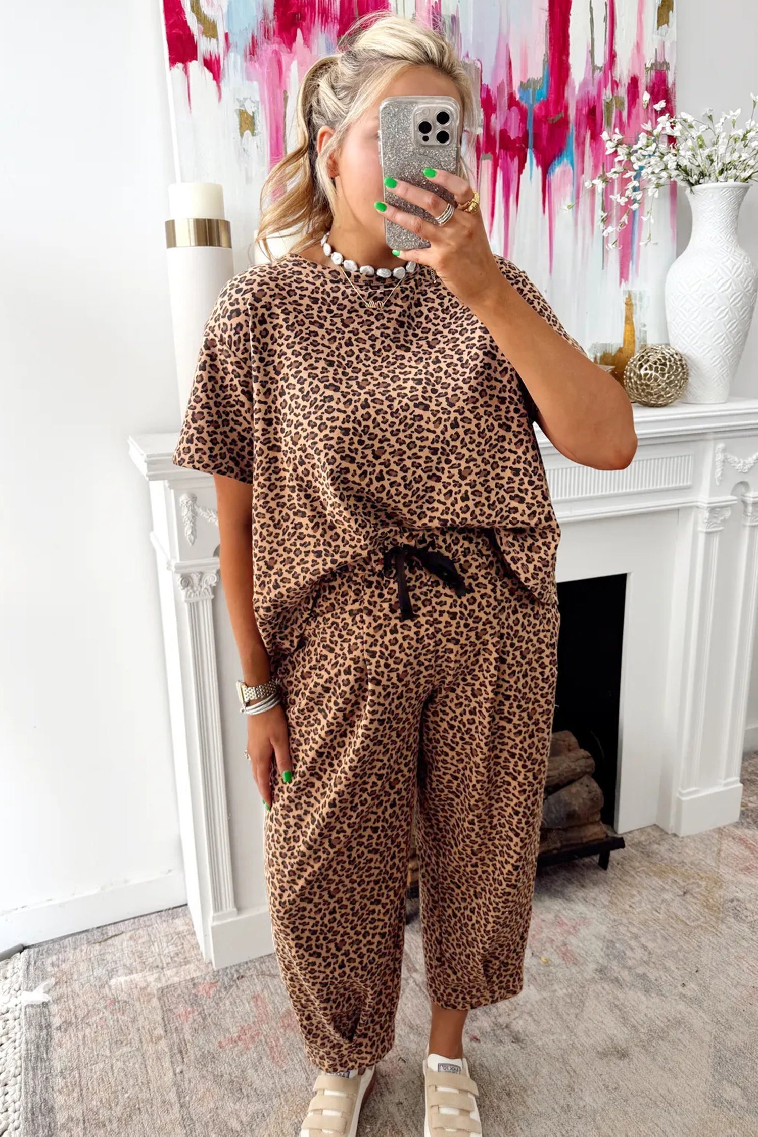 Brown Leopard High-Low Loose Tee Ankle Length Pants Set