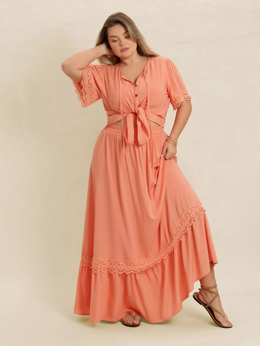 Lace Detail Tie Neck Top and Skirt Set