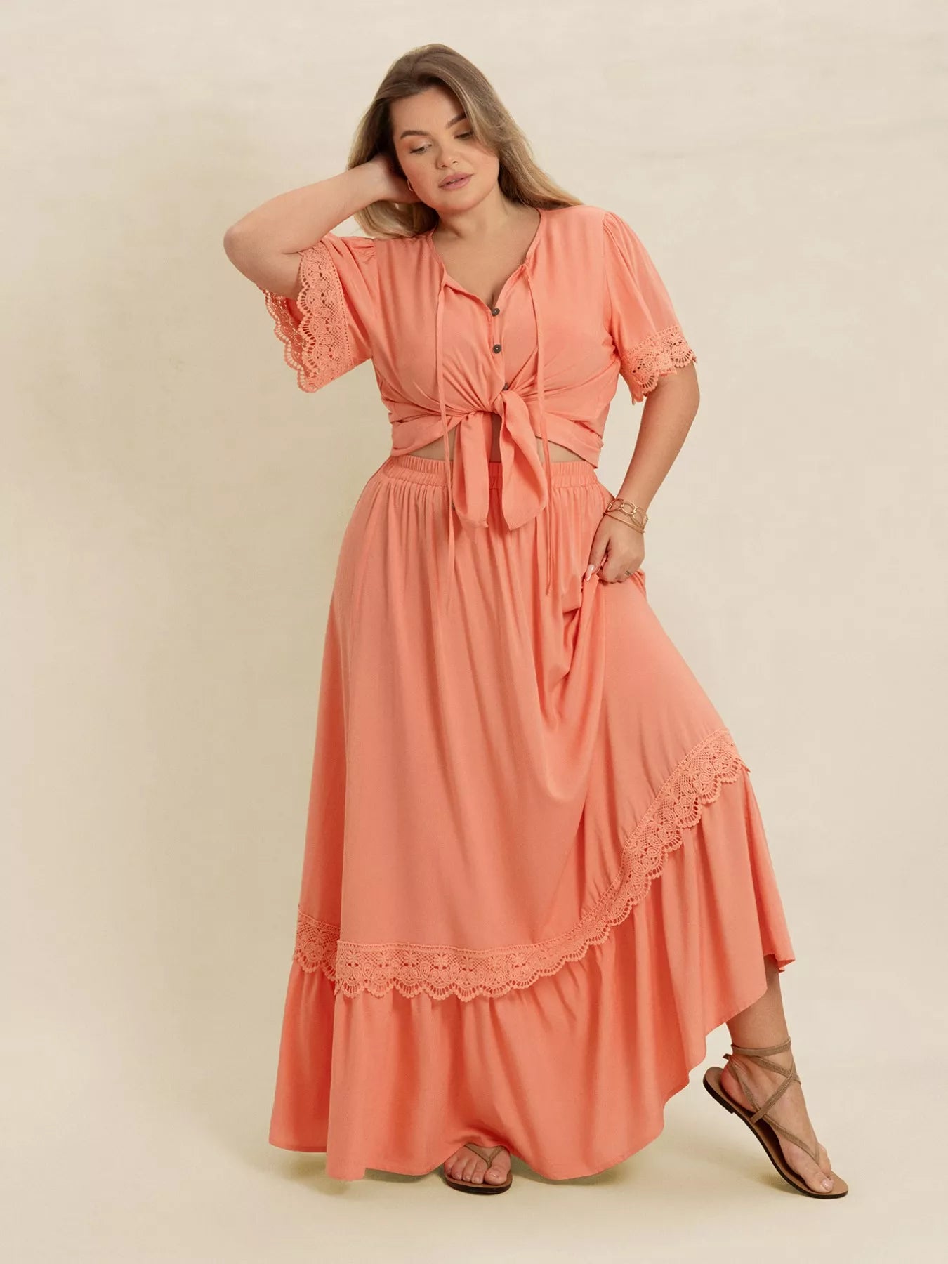 Lace Detail Tie Neck Top and Skirt Set