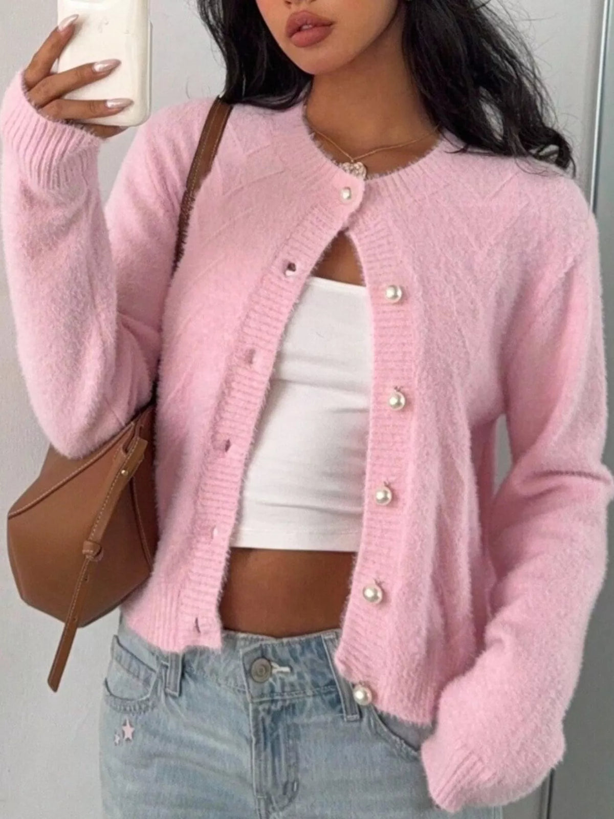 Soft Fuzzy Texture Cardigan with Pearl Buttons