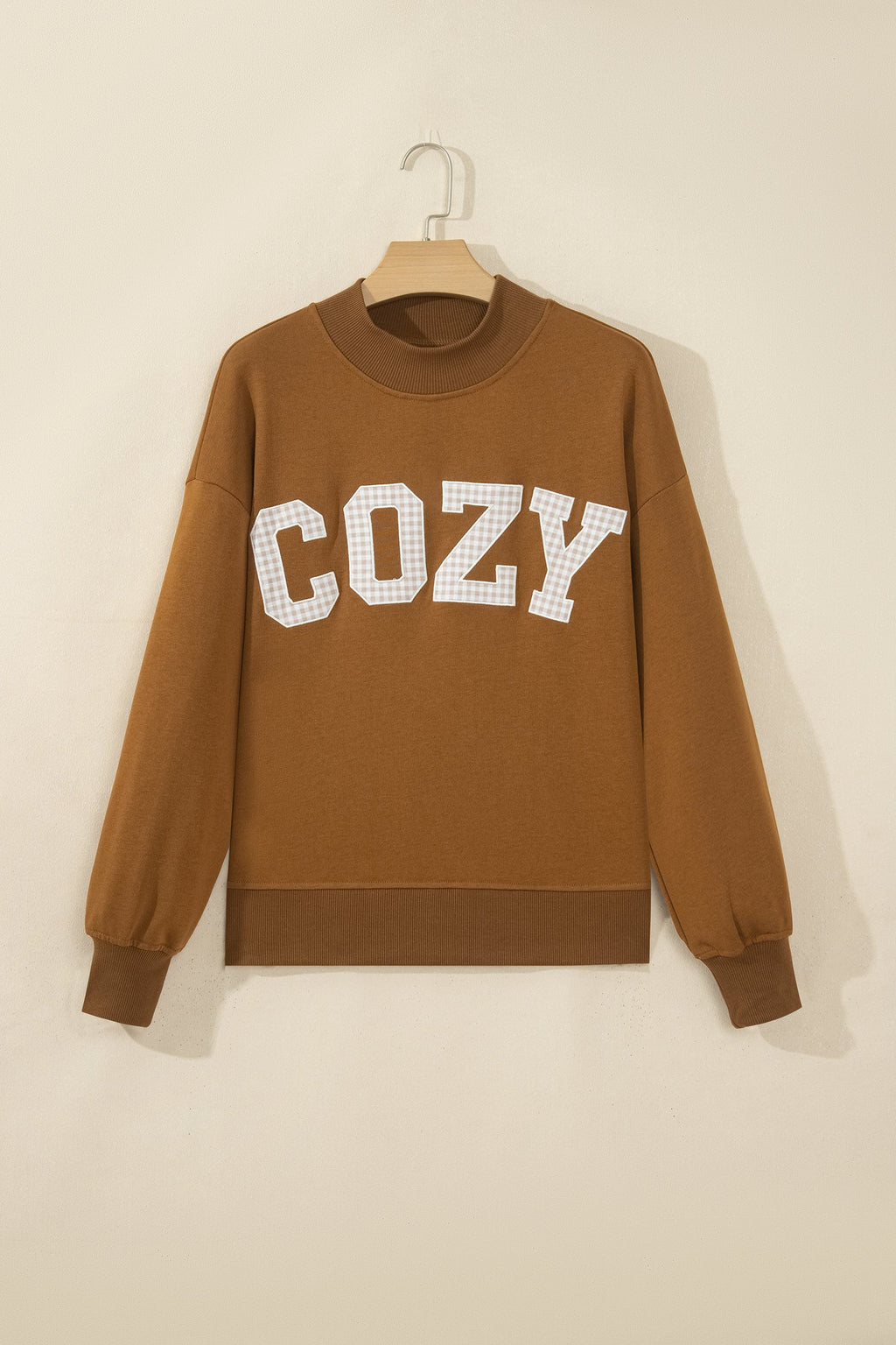 Chestnu COZY Embroidered Long Sleeve Stand Neck Shift Pullover Sweatshirt