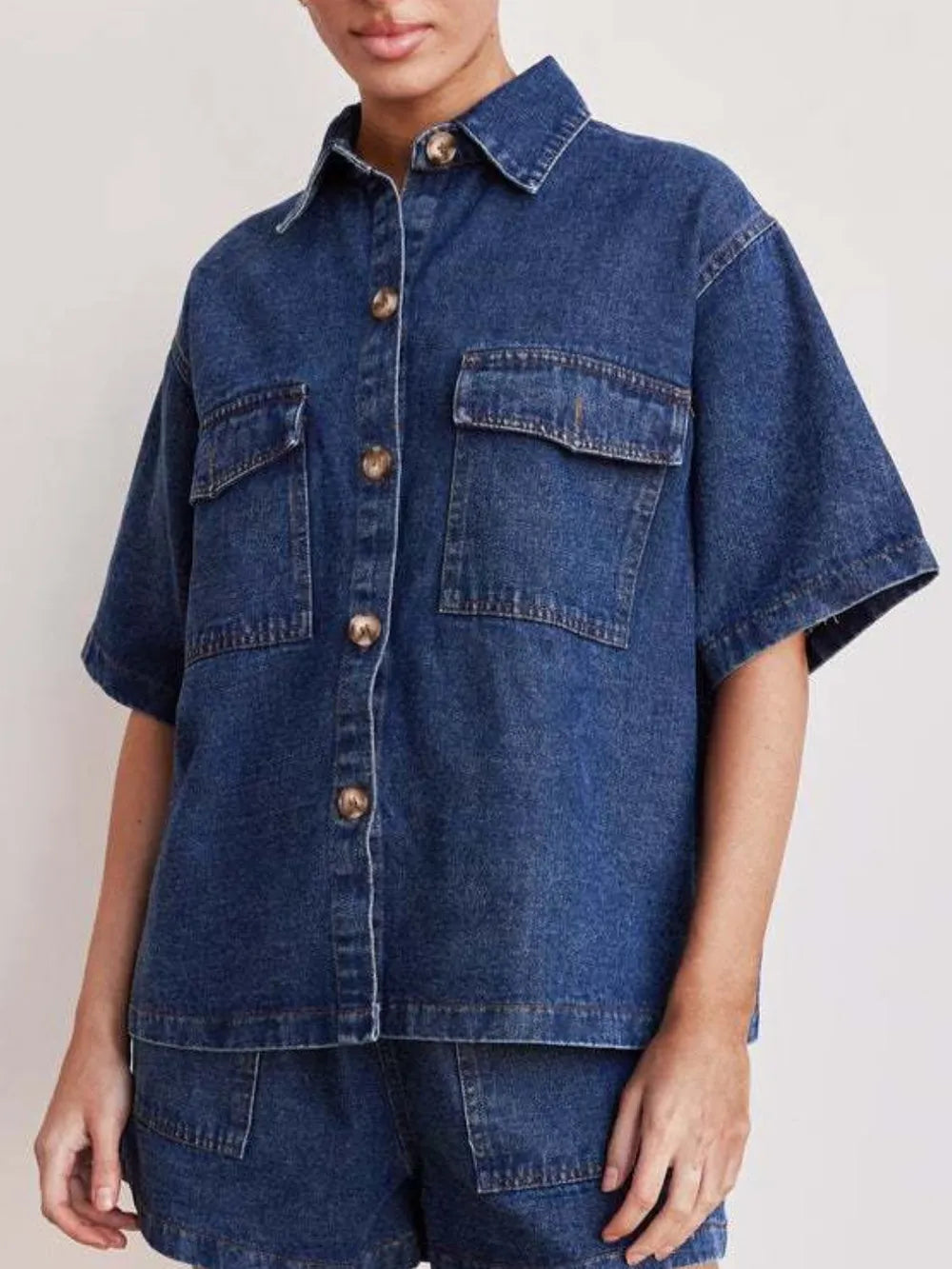 Button Up Half Sleeve Denim Shirt