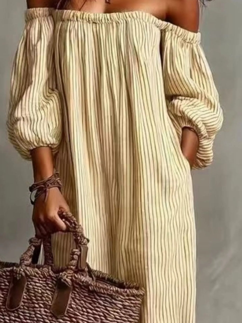Full Size Off-Shoulder Striped Maxi Dress with Puff Sleeves Plus Size