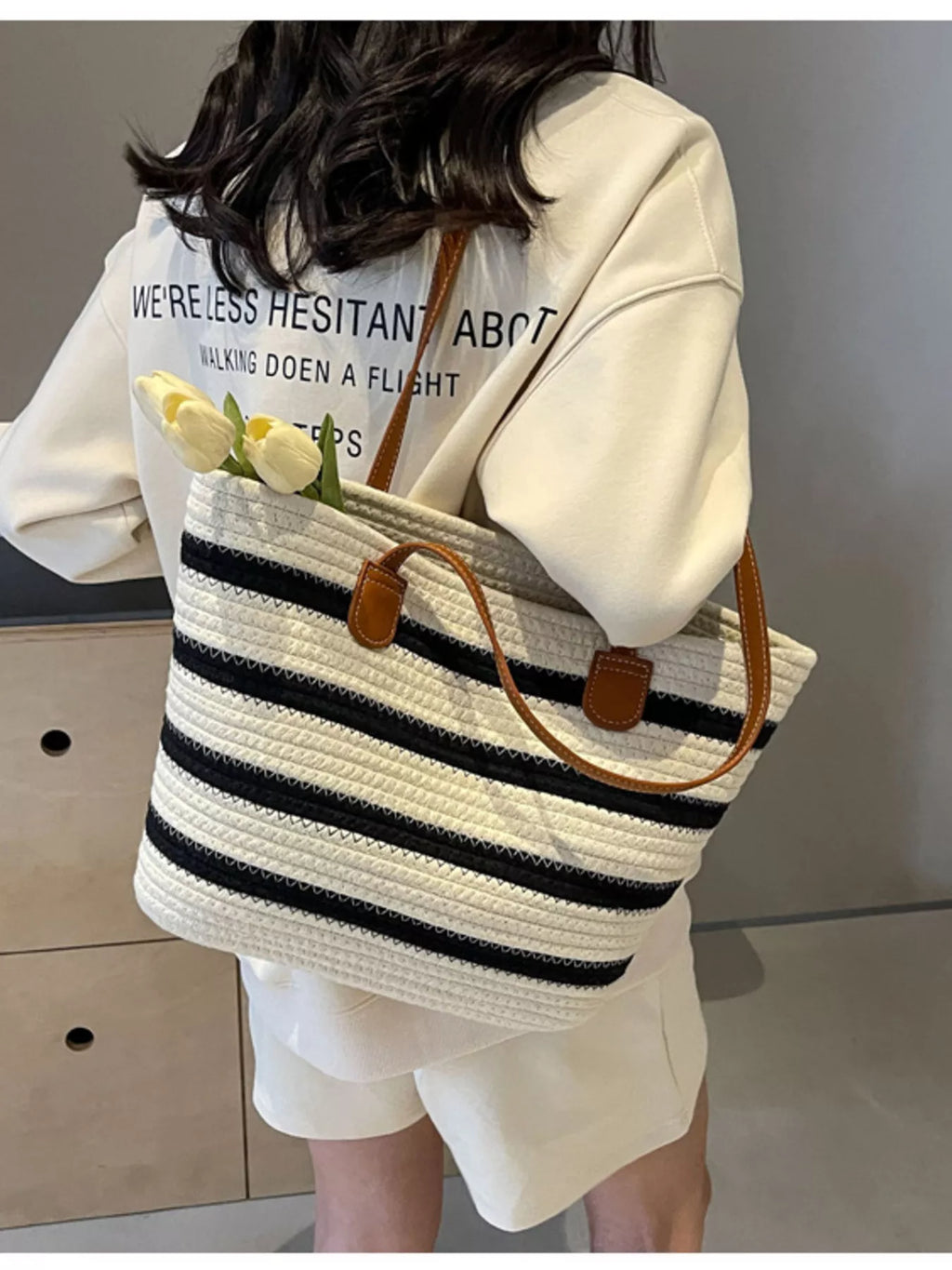 Striped Straw Tote Bag