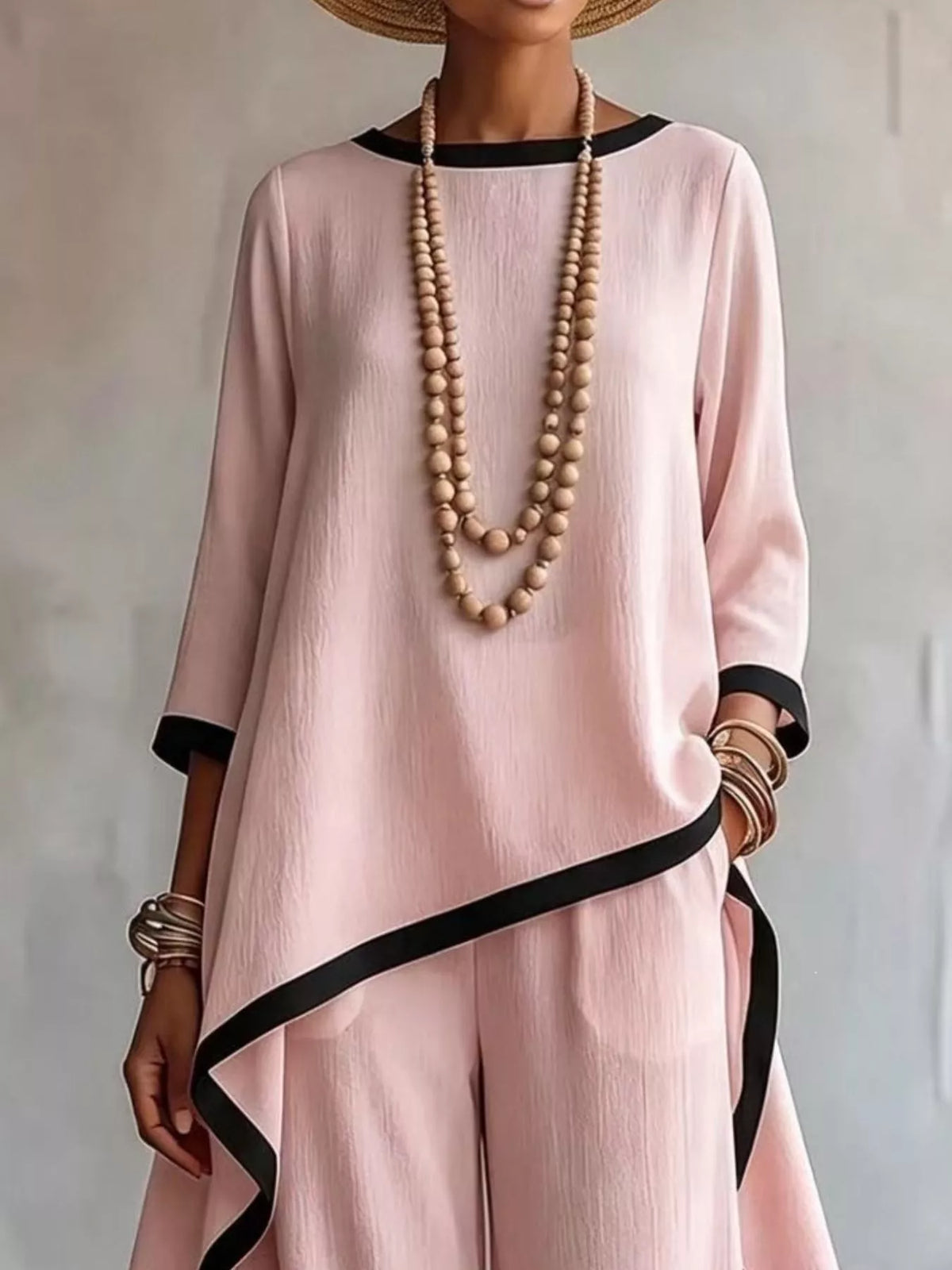Full Size Contrast Trim High-Low Top and Pants Set Plus Size
