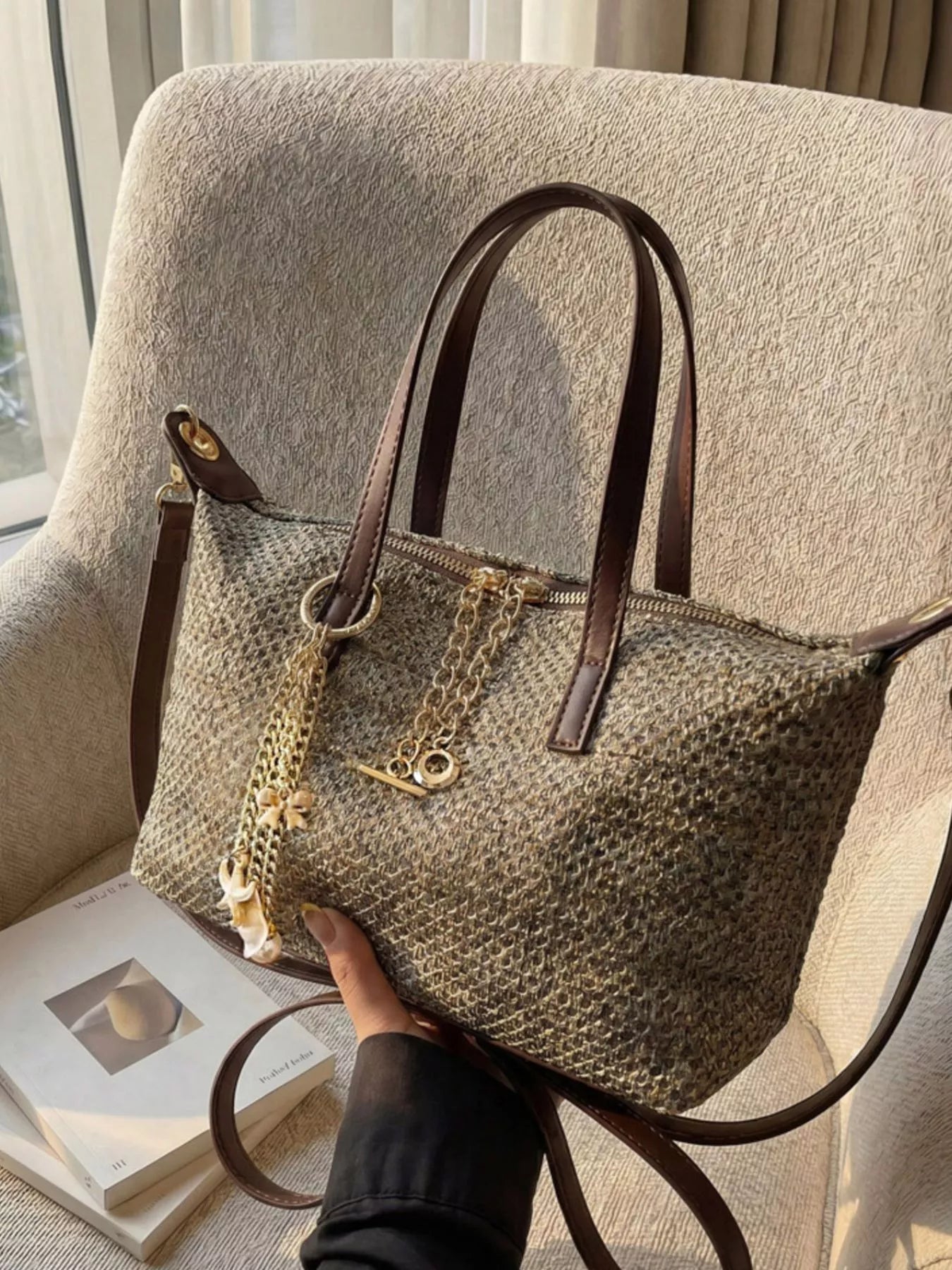 Woven Crossbody Bag with Gold Chain Accents