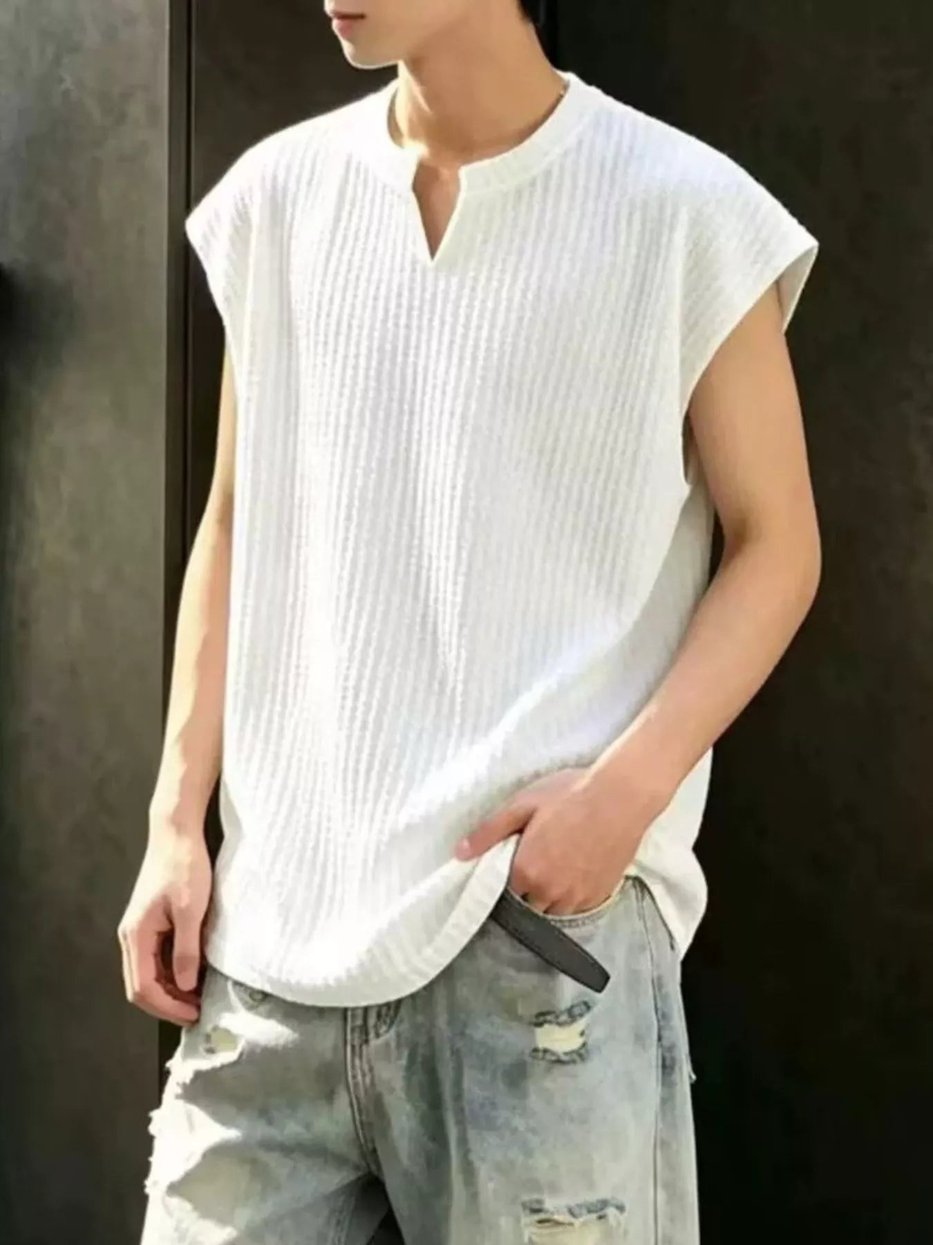 Men's Plus Size Textured Knit Notched Tank Top