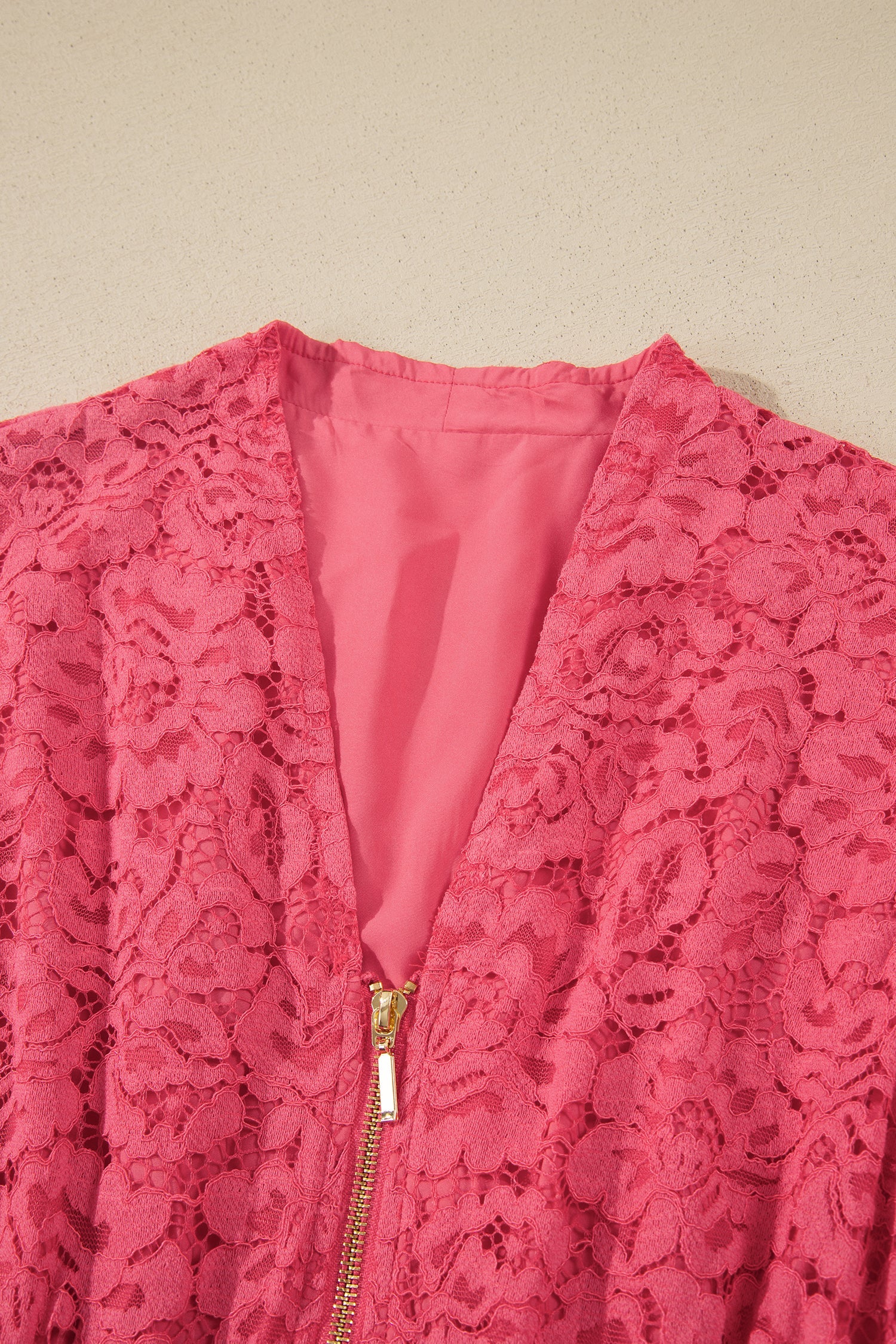 Coral Floral Lace Overlay Zip Up V Neck Smocked Waist Sleeveless Dress