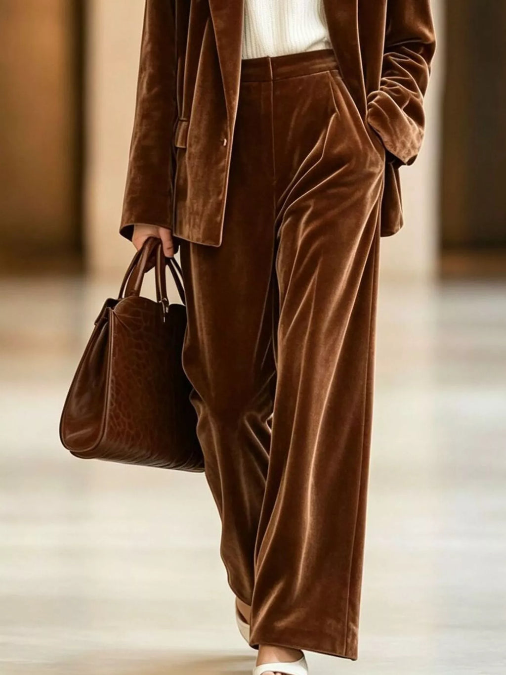 Velvet Blazer and Wide-Leg Pants Two-Piece Set