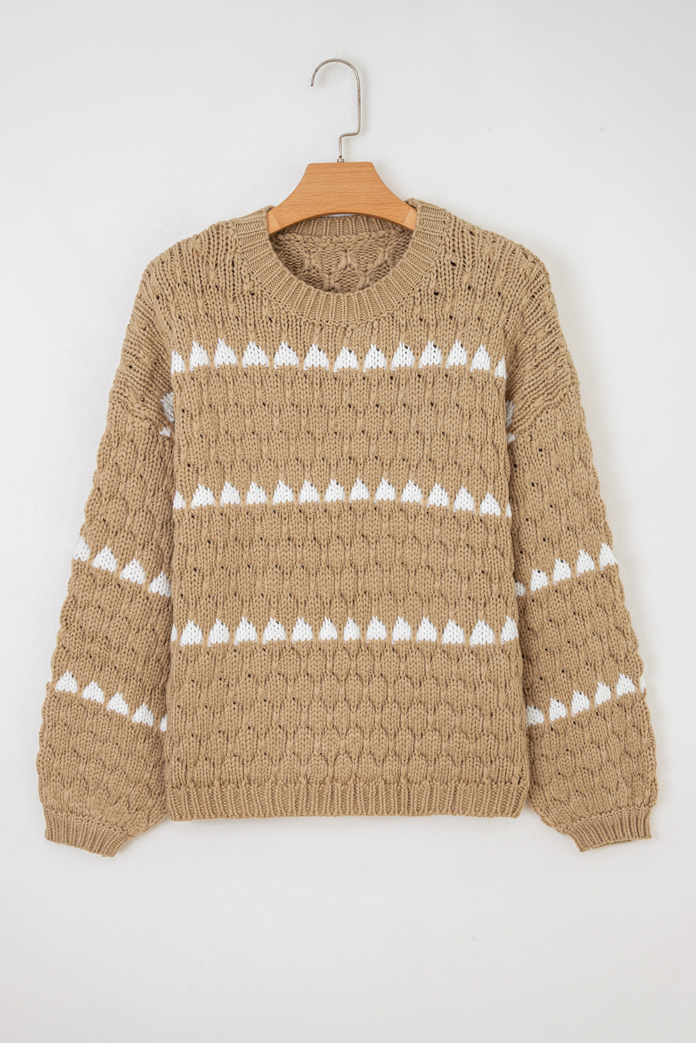 Pale Khaki Contrast Detail Textured Knit Puff Sleeve Baggy Sweater