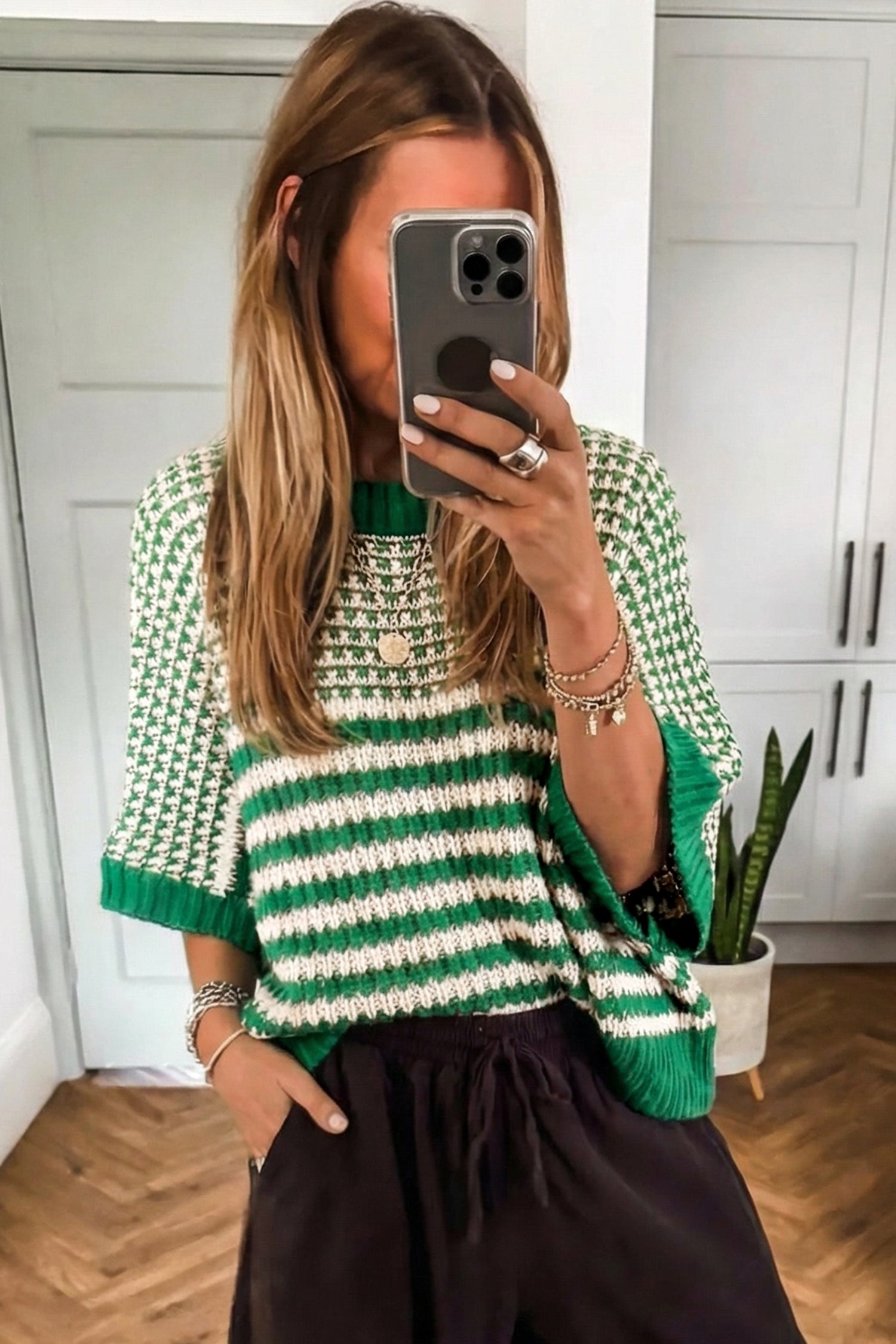 Green Stripe 3/4 Draped Sleeve Slouchy Sweater
