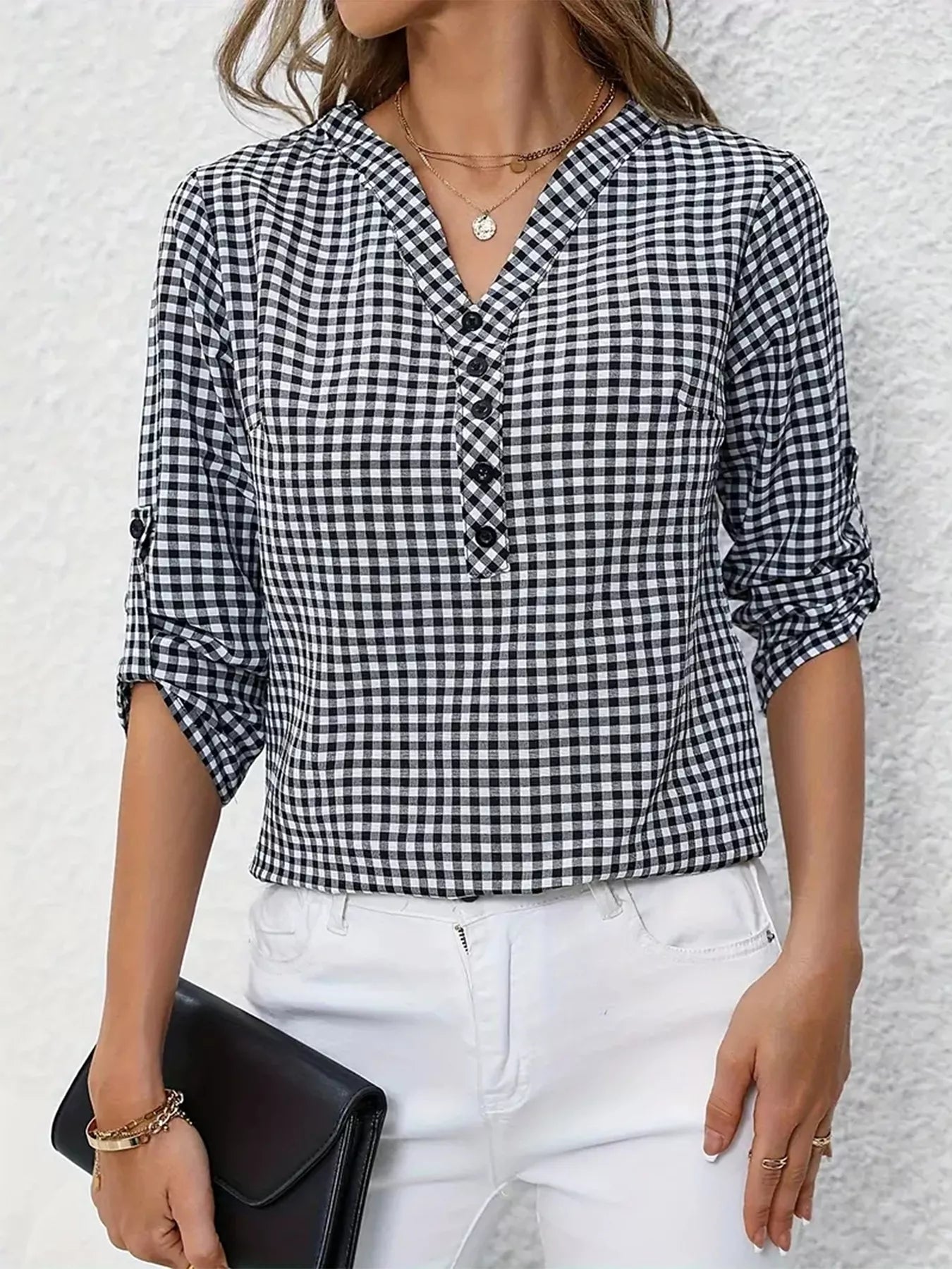 Gingham Button Detail Blouse