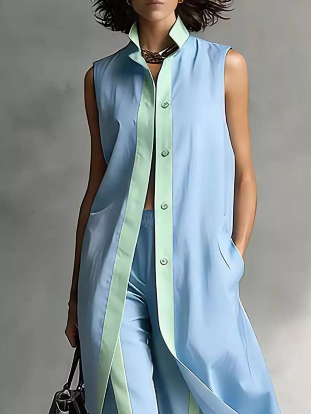 Full Size Sleeveless Longline Vest and Wide‑Leg Pants Set Plus Size