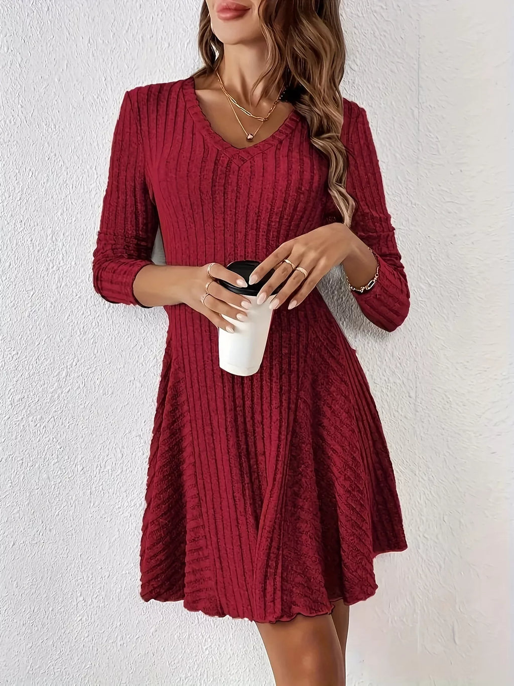 V-Neck Ribbed Knit Flared Knit Dress