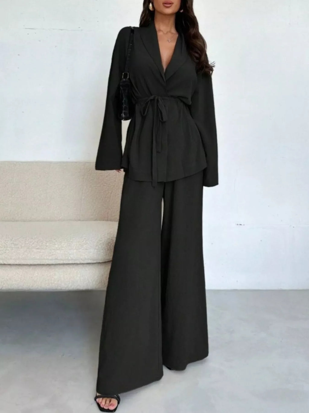 Textured Tie Waist Top and Wide-Leg Pants Set