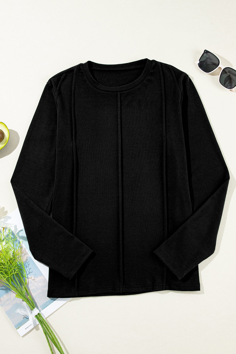 Solid Reverse Seam Crew Neck Long Sleeve Top