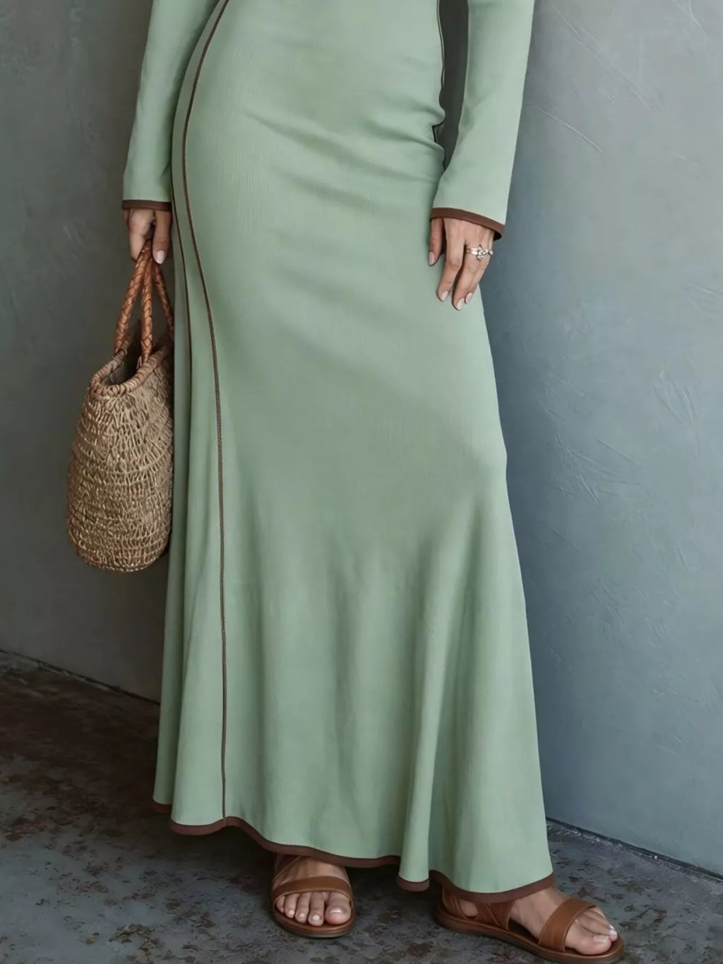 Full Size Contrast Trim Zip-Up Long Sleeve Knit Maxi Dress Plus Size