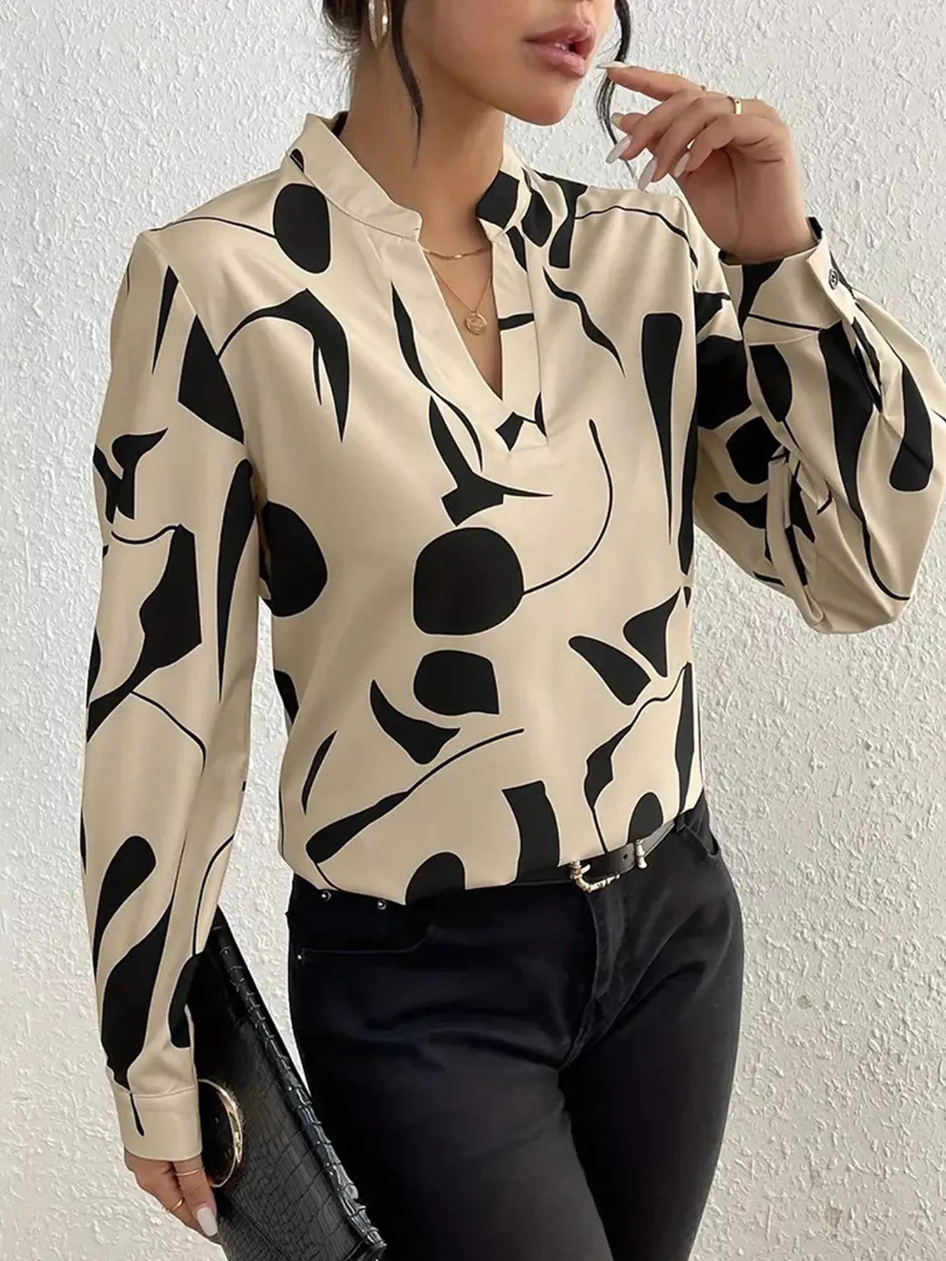 Abstract Print Notched Long Sleeve Blouse