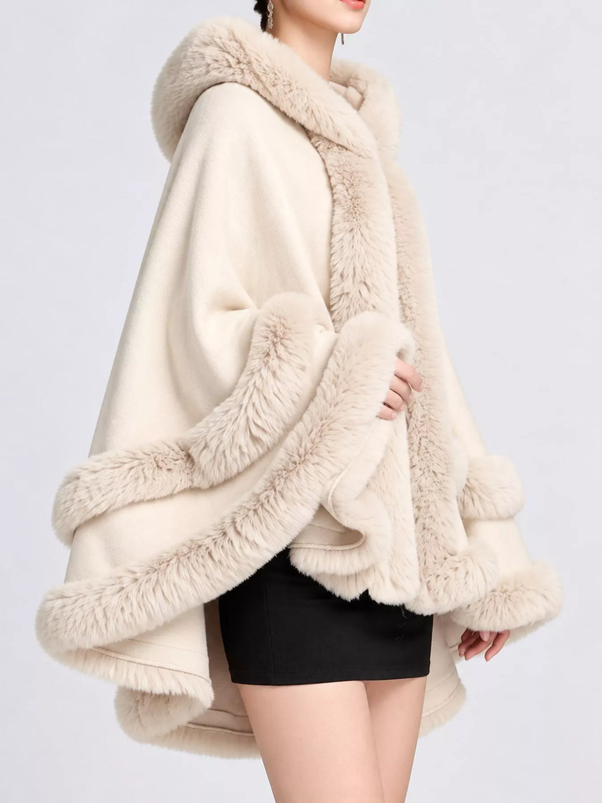 Faux Fur Trimmed Hooded Cape