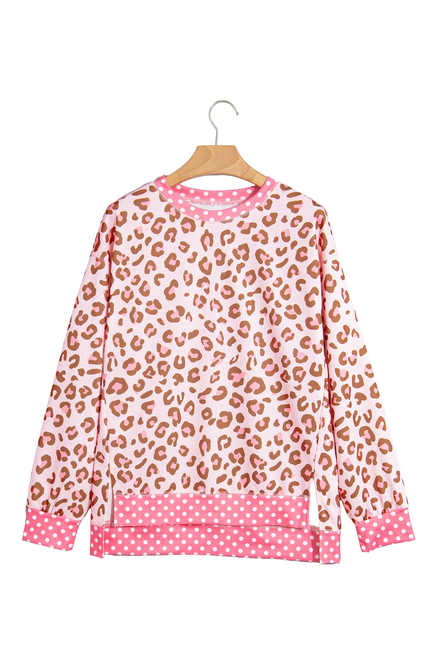 Pink Leopard Polka Dot Colorblock Trim Long Sleeve Top