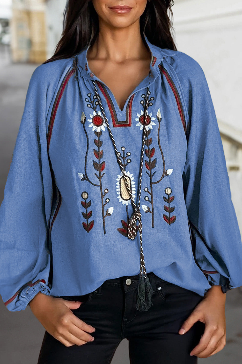 Real Teal Floral Embroidered Split Neck Tassel Tie Puff Sleeve Blouse
