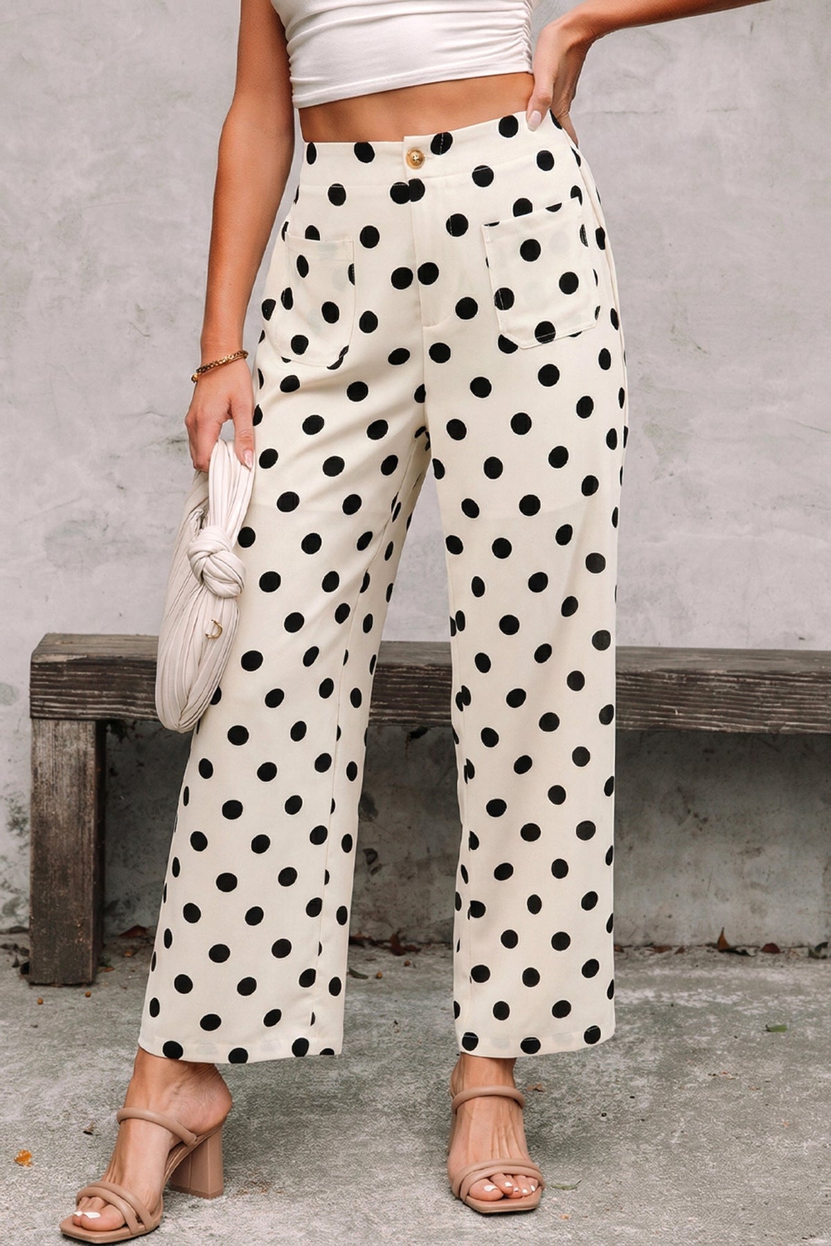 Polka Dot Patch Pocket Wide Leg Pants