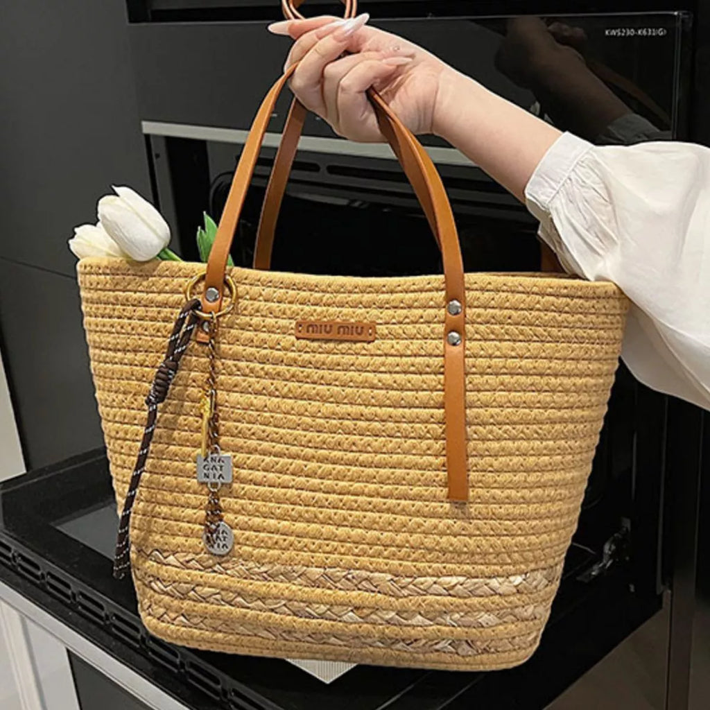 Woven Straw Tote Handbag with Leather Straps