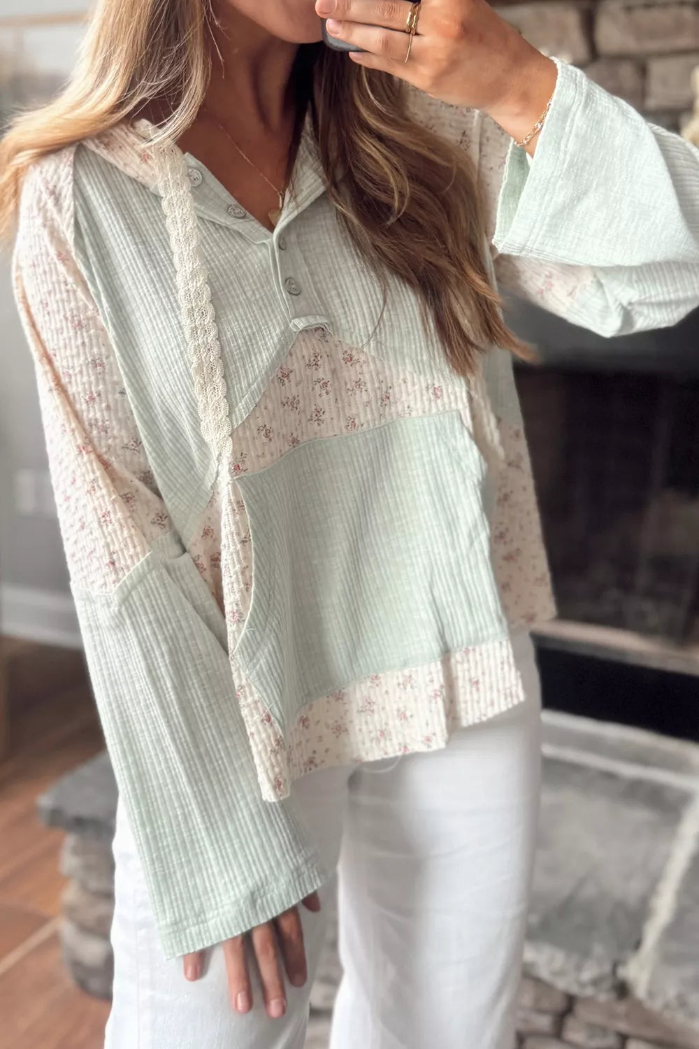 Lace Trim Floral Patchwork Button Detail Blouse