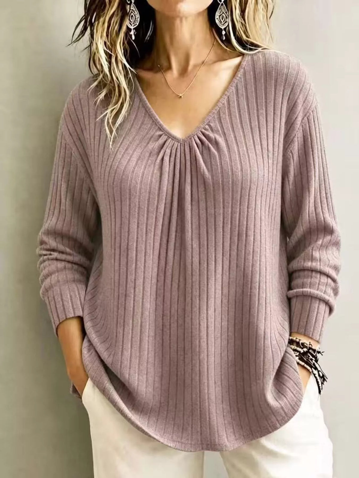 V-Neck Ribbed Long Sleeve T-Shirt