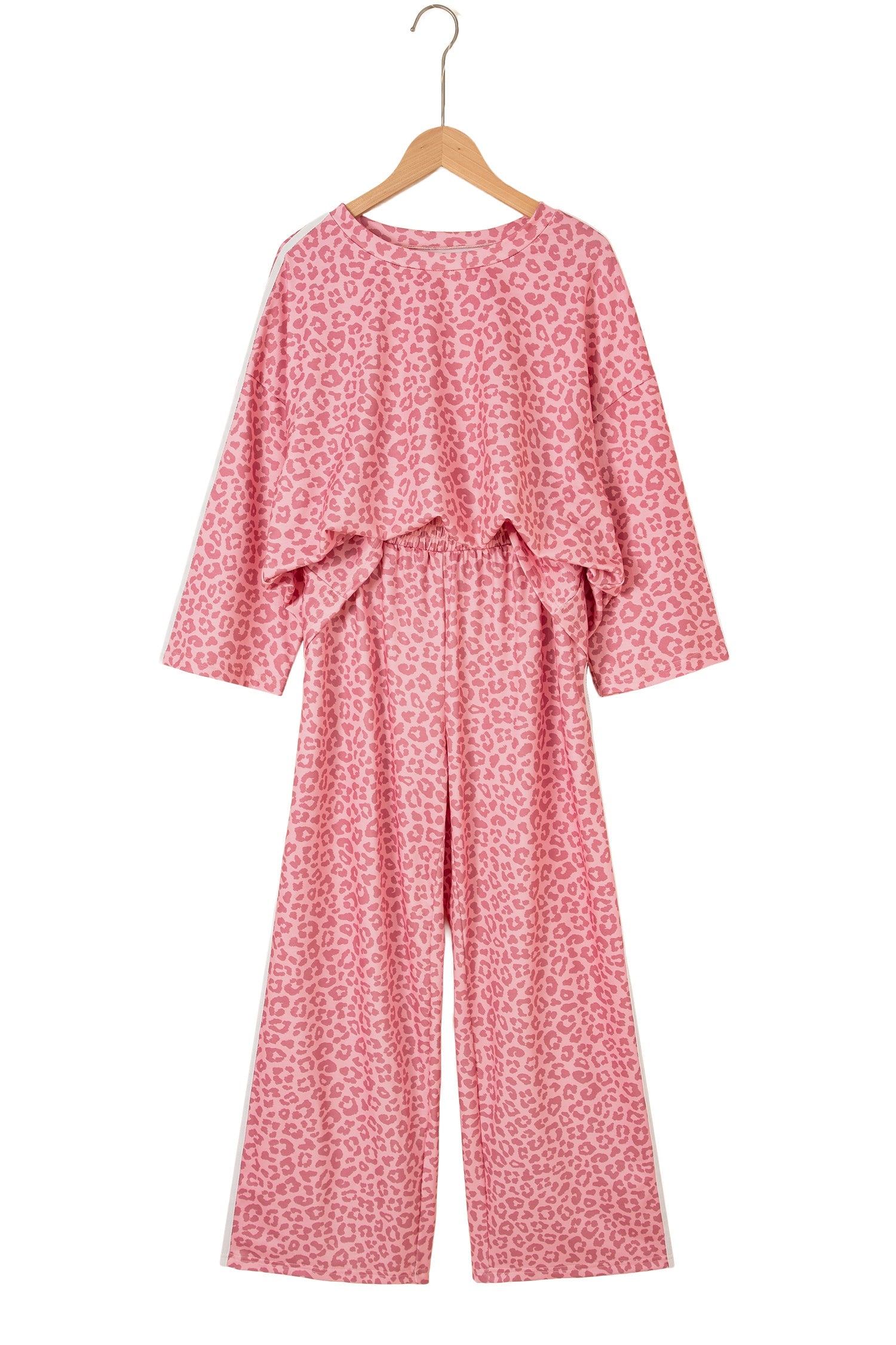 Pink Leopard Print Varsity Striped Detail 3/4 Sleeve Top Shift Pant Set