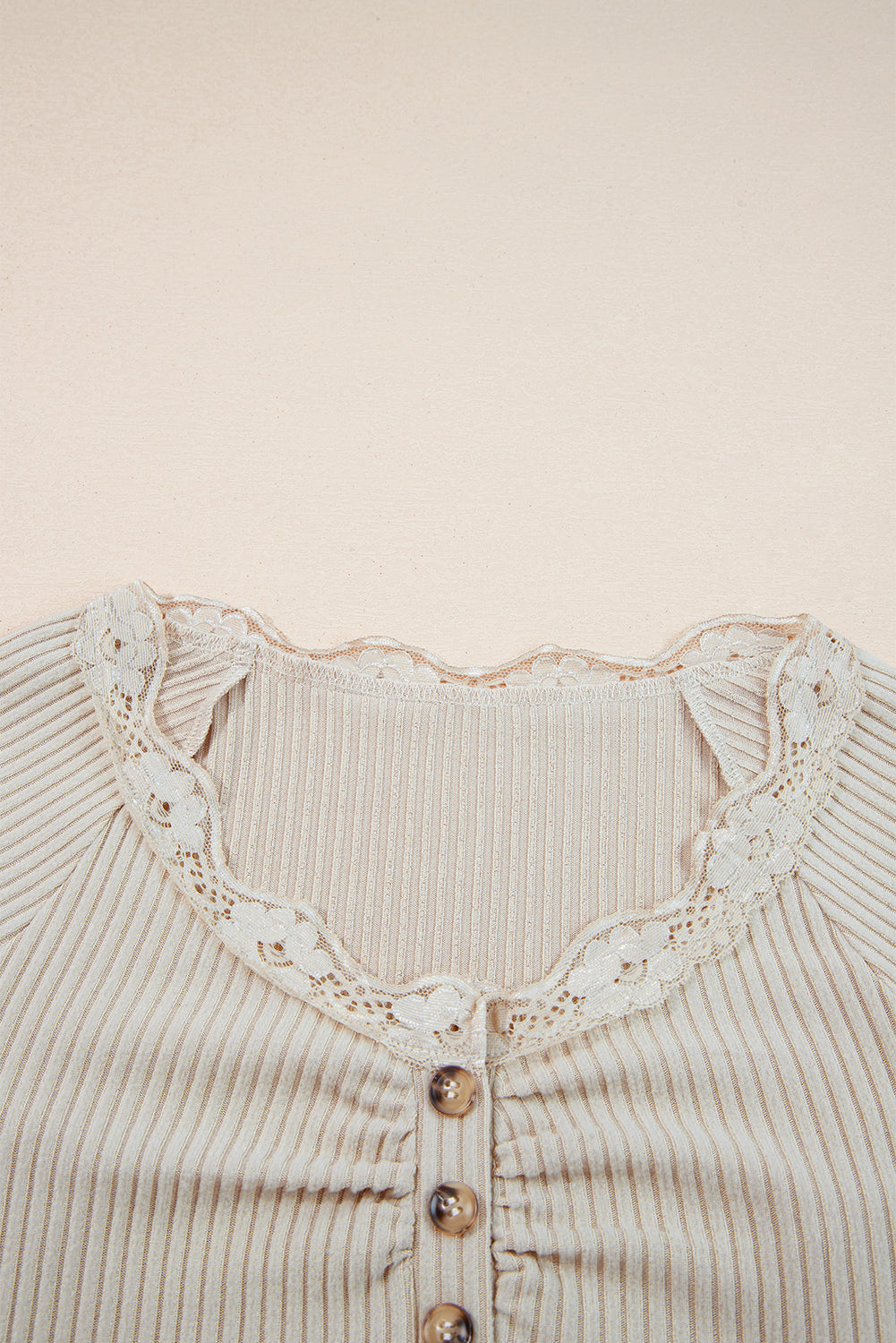 Solid Ribbed Lace Neckline Long Sleeve Top